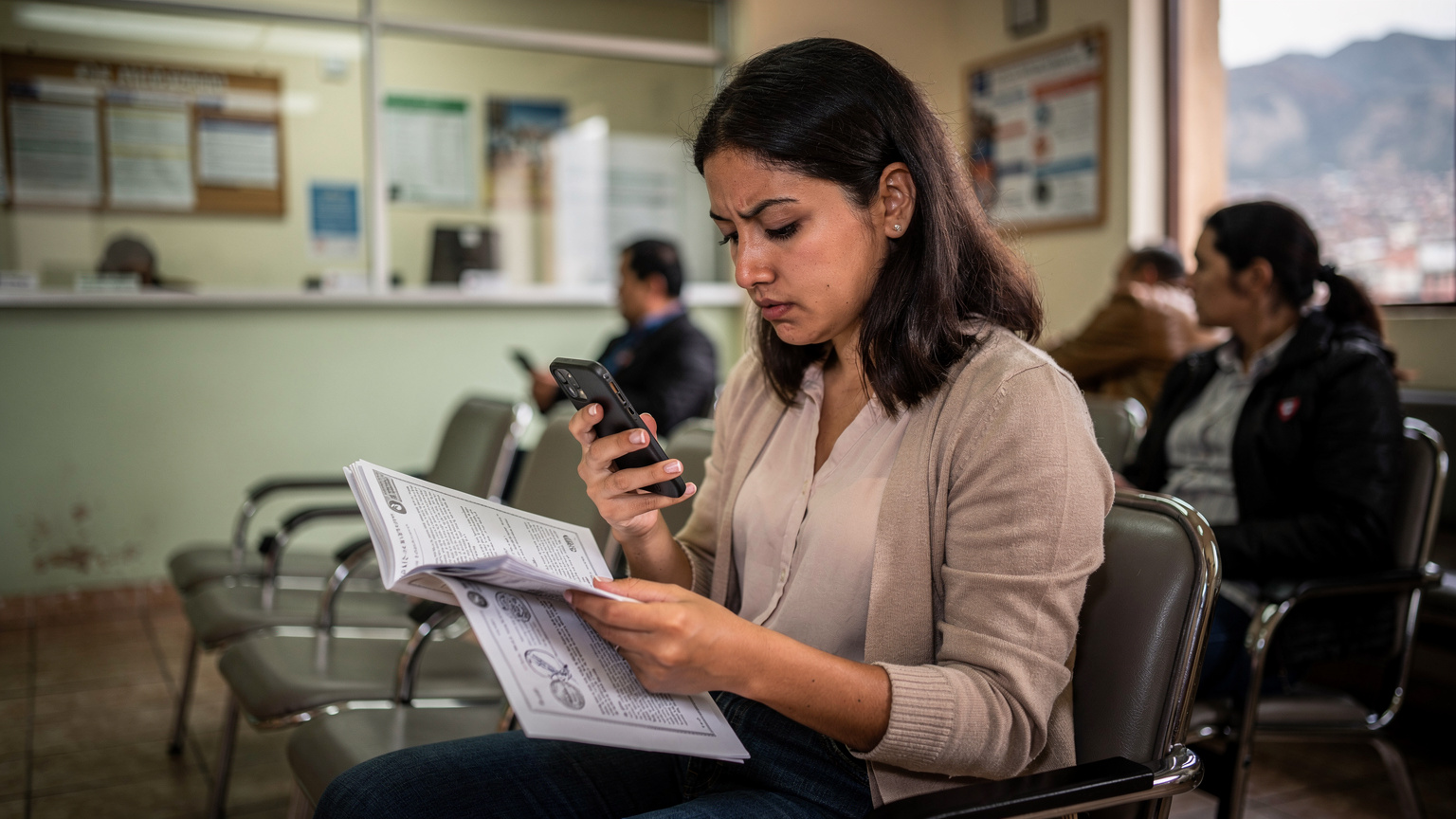 Uma mulher com expressão de preocupação, consultando documentos impressos e seu smartphone, buscando informações sobre o processo de visto em um consulado em Quito, Equador.