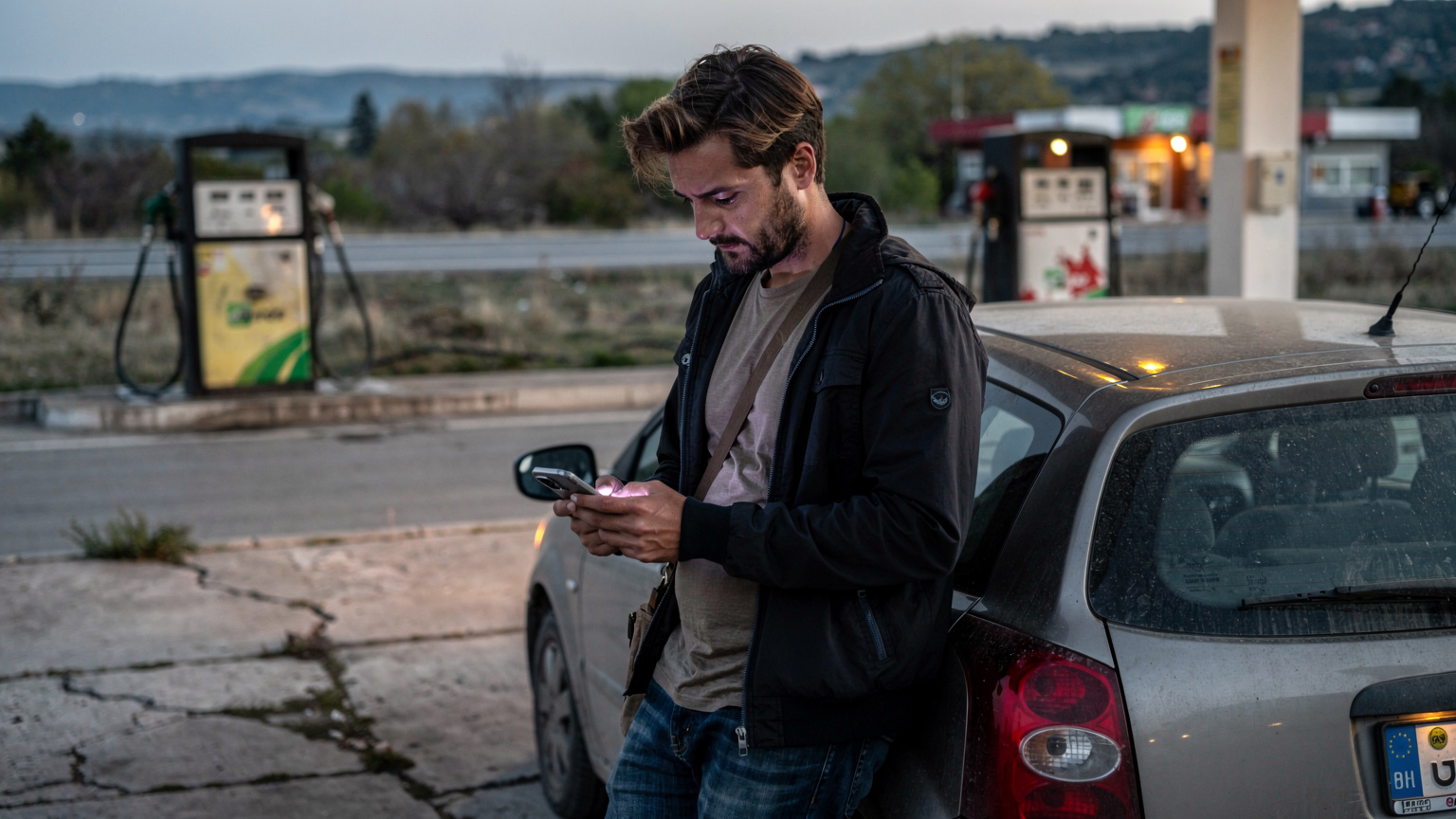 Un viaggiatore guarda il suo smartphone con un'espressione preoccupata, la batteria quasi scarica e un avviso di dati in esaurimento sullo schermo (anche se il testo sullo schermo non è leggibile), mentre si trova in un'area di servizio isolata in Europa.