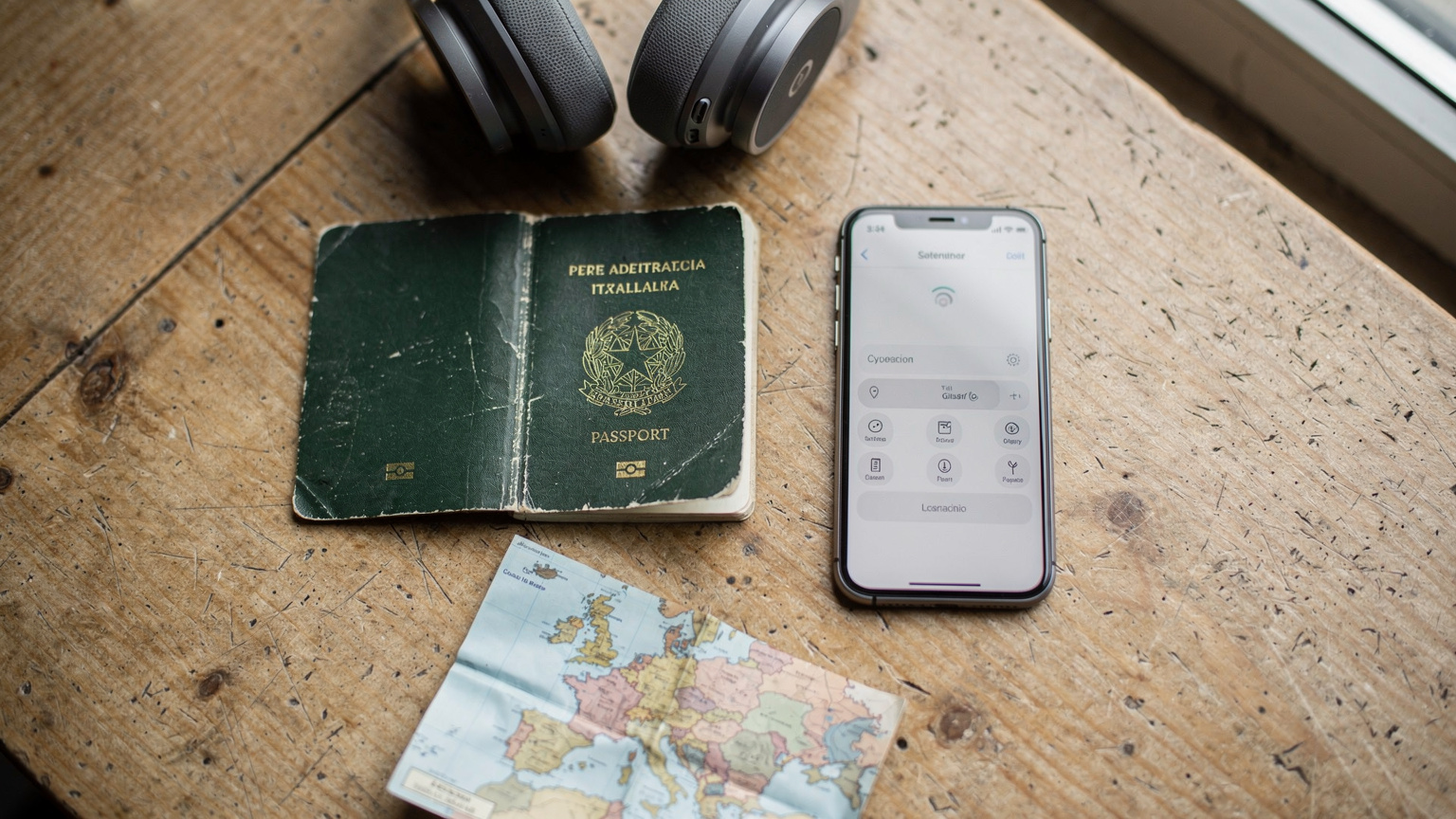 Un overhead flat-lay di un passaporto italiano, uno smartphone con la schermata delle impostazioni dell'eSIM aperta, un paio di cuffie da viaggio e una piccola mappa sgualcita dell'Europa, disposti su un tavolo di legno in un ostello.