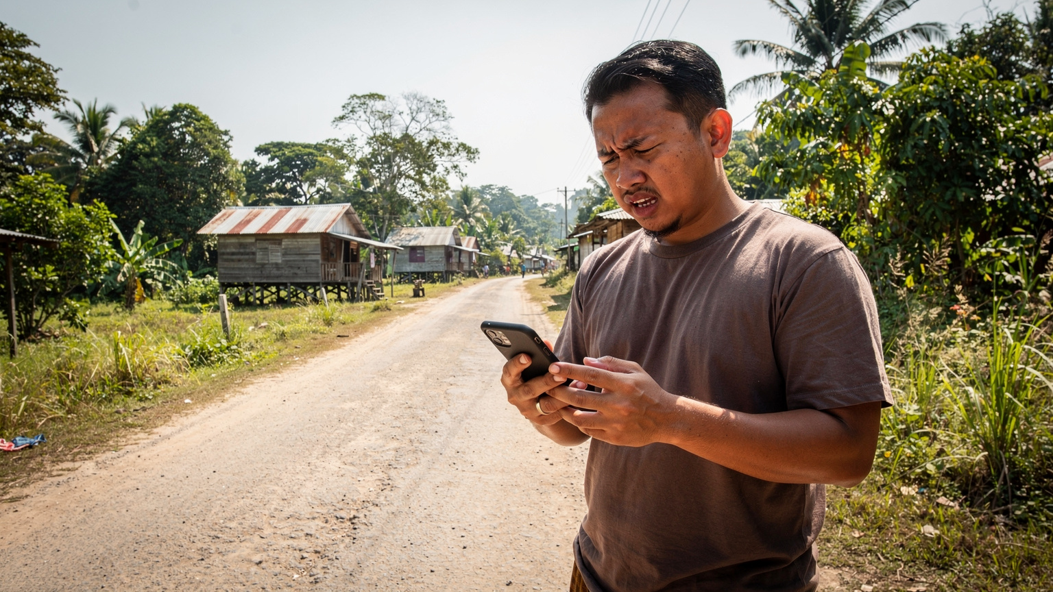 Seorang lelaki Malaysia yang kelihatan sedikit kecewa sedang memegang telefon di tangannya, dengan wajah yang menunjukkan rasa tidak puas hati terhadap liputan rangkaian yang lemah di kawasan terpencil.