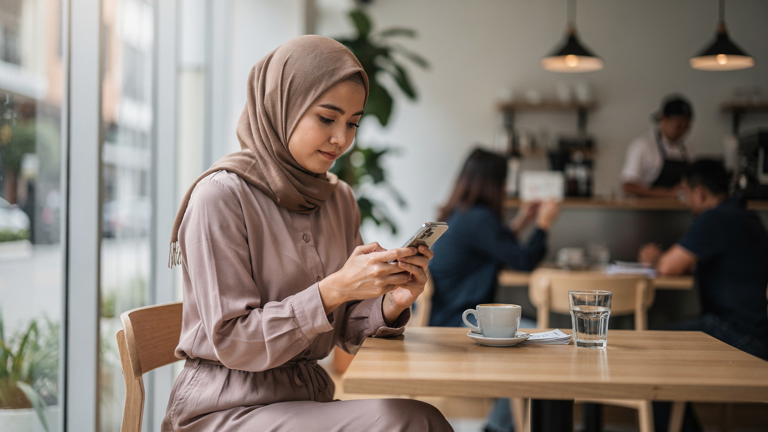 Seorang wanita muda Malaysia menunjukkan kemudahan menguruskan pelan eSIM pada telefonnya di sebuah kafe moden di Kuala Lumpur.