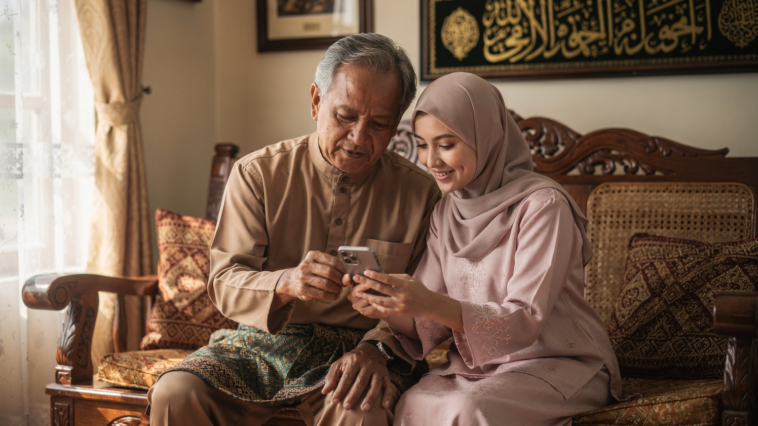 Seorang bapa Malaysia di ruang tamu kampung sedang membantu anak perempuannya yang berusia awal 20-an mengaktifkan eSIM pada telefonnya.