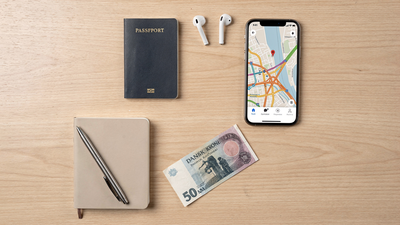 A close-up overhead shot of a neatly organized travel flat-lay, featuring a passport, a smartphone displaying a map app, earbuds, a local currency banknote, and a small, stylish notebook and pen, arranged on a light wooden table.