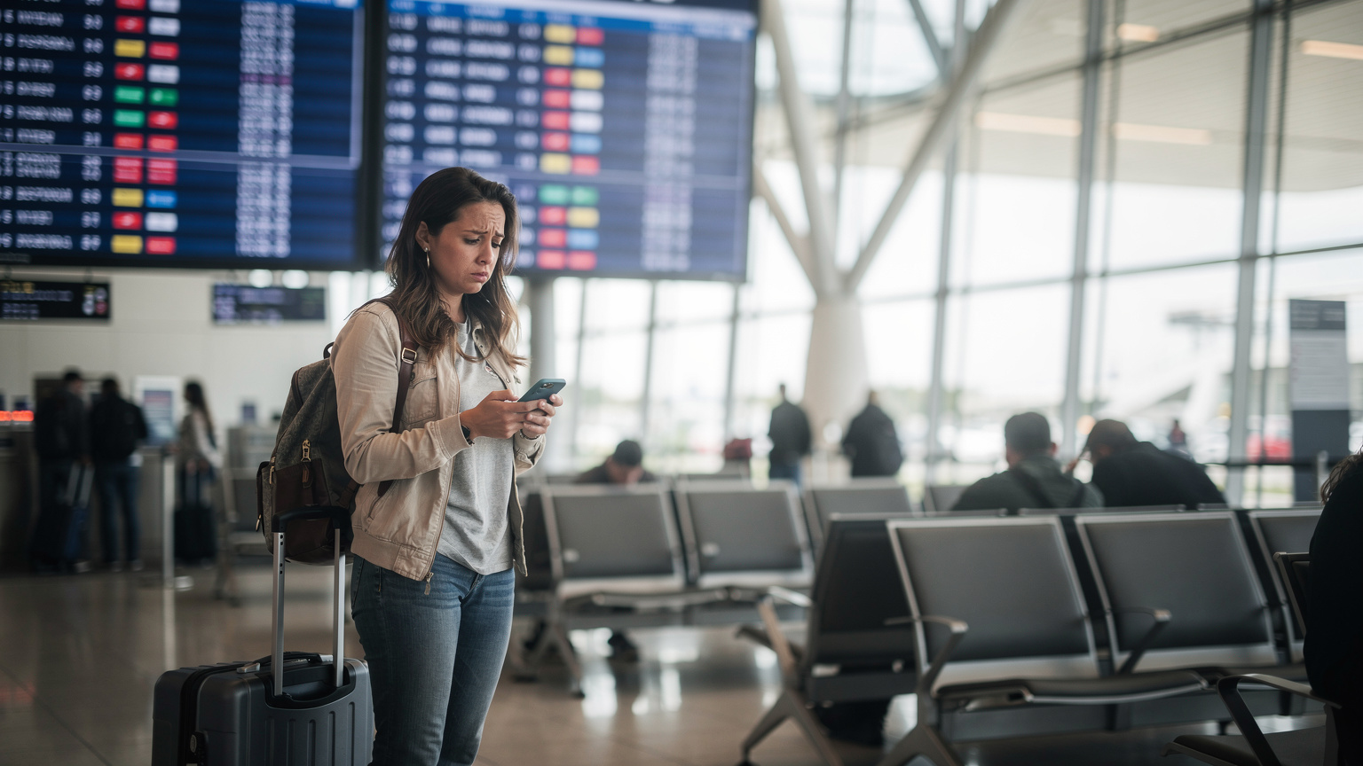 A traveler looking at a departure board at Charles de Gaulle Airport in Paris, France, with a look of slight confusion or frustration, checking their phone for updates.