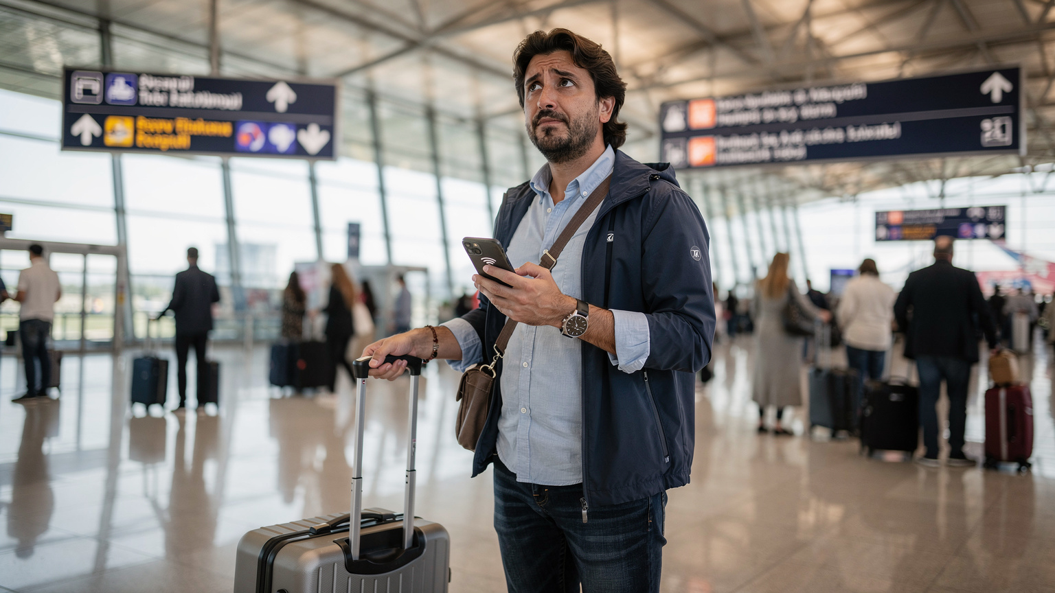 Un viaggiatore disorientato all'aeroporto di Istanbul, con lo sguardo perso tra i cartelloni e un telefono in mano che mostra nessuna connessione, simbolo della frustrazione di non avere dati all'arrivo.