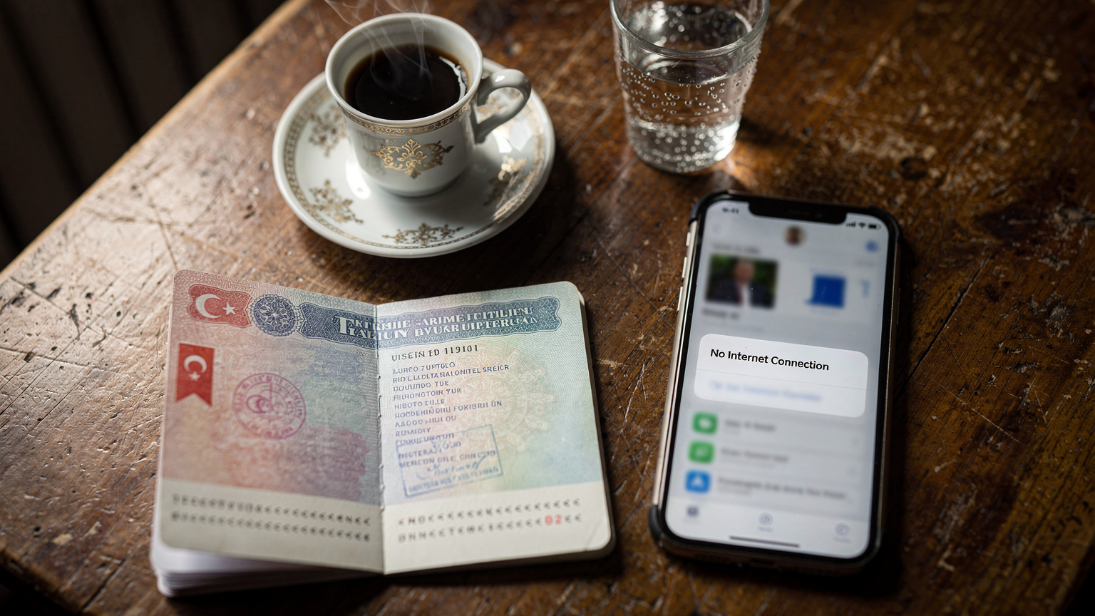 Un passaporto italiano aperto su una pagina di visto, accanto a uno smartphone con una schermata di errore di connessione e una tazza di caffè turco, simboleggiando le sfide burocratiche e tecniche del viaggio.