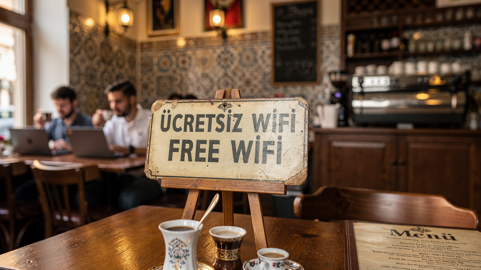 Un cartello WiFi gratuito ben visibile in un caffè tradizionale turco, con persone che lavorano sui loro laptop e smartphone, evidenziando la cultura del caffè e la necessità di connessione.