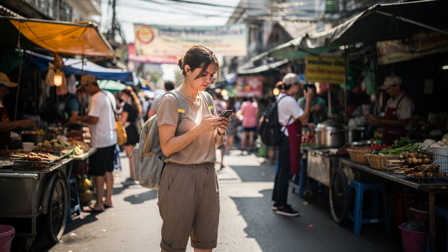 A traveler looking slightly perplexed at their smartphone screen while standing in a crowded Bangkok street market, attempting to get a stable signal.