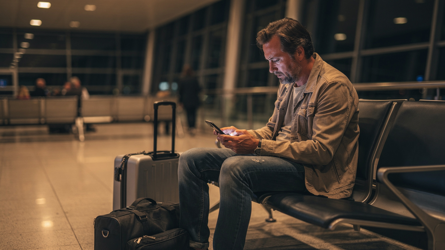 A weary traveler sitting on a bench in a dimly lit airport terminal, looking frustrated at their phone displaying a 'no service' message, with travel bags around them.