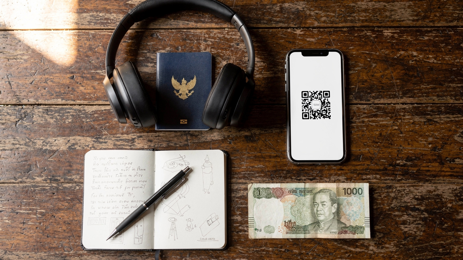An overhead flat-lay shot of essential travel items, including a passport, a smartphone showing a partial eSIM QR code, noise-canceling headphones, and a local currency bill from Thailand, arranged on a rustic wooden table.