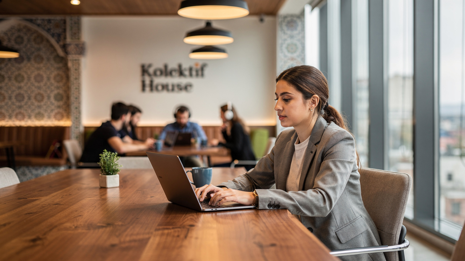 Eine Person sitzt in einem modernen Co-Working Space in Istanbul, tippt auf einem Laptop, während im Hintergrund andere Digital Nomaden arbeiten. Das Logo des Co-Working Spaces, 'Kolektif House', ist subtil an einer Wand zu erkennen.