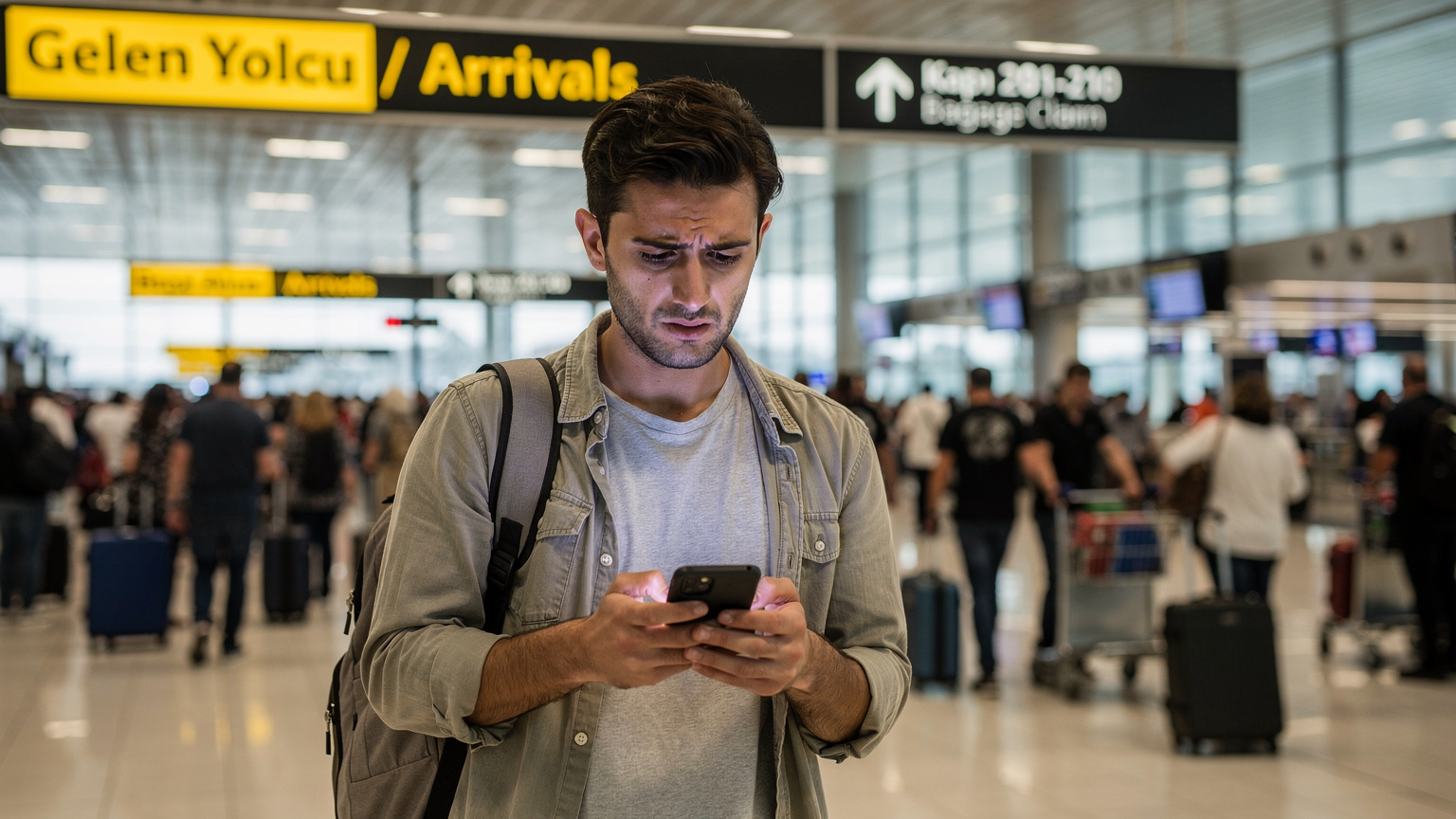 Ein Reisender blickt besorgt auf sein Smartphone, das eine 'Kein Dienst'-Meldung anzeigt, während er in der Ankunftshalle eines belebten türkischen Flughafens steht, umgeben von anderen Reisenden und Gepäck.