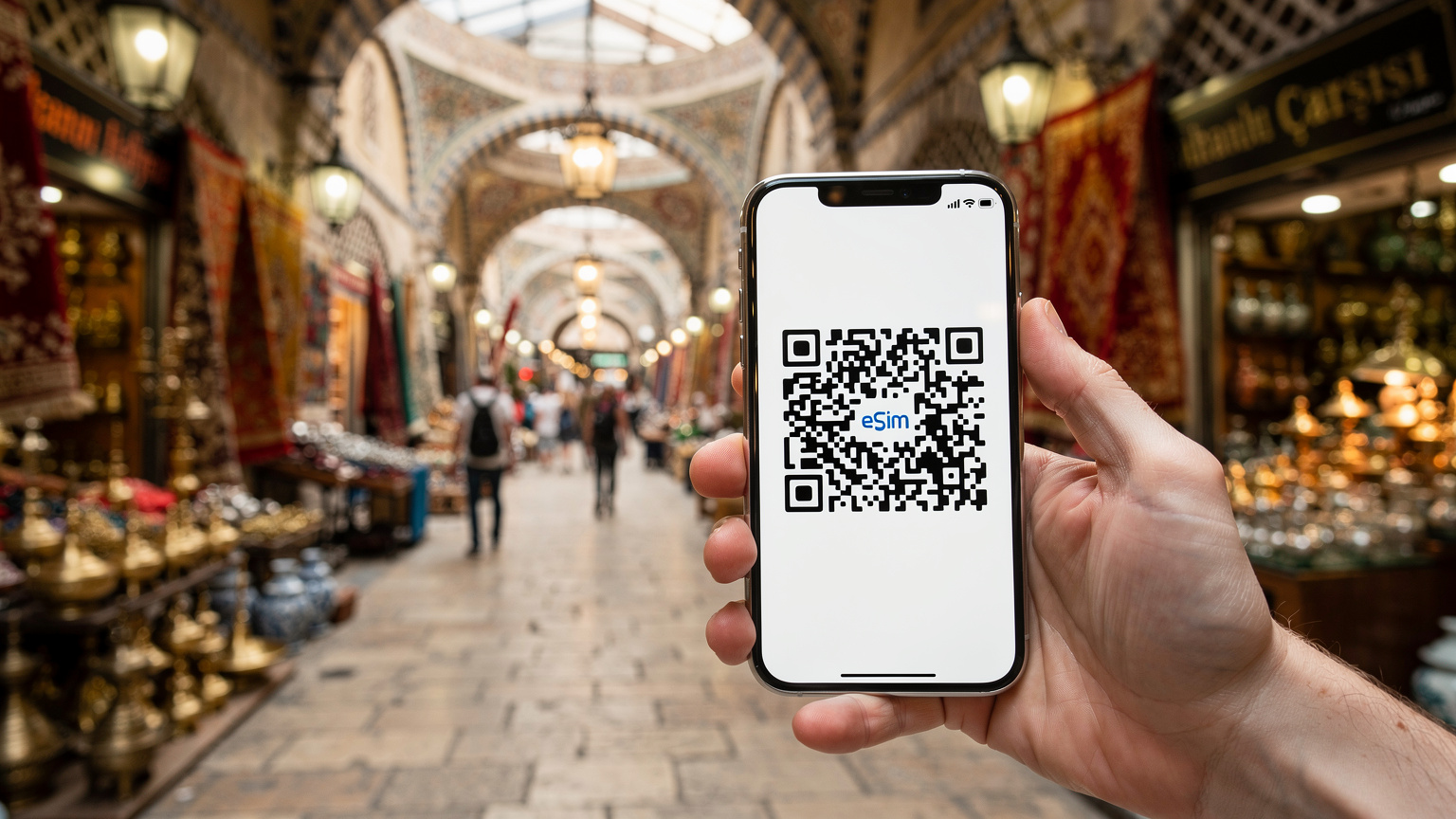 Eine Nahaufnahme zeigt die Hand einer Person, die ein Smartphone hält, auf dem ein QR-Code für die eSIM-Aktivierung angezeigt wird. Im Hintergrund ist leicht verschwommen ein belebter Basar in Istanbul zu erkennen.