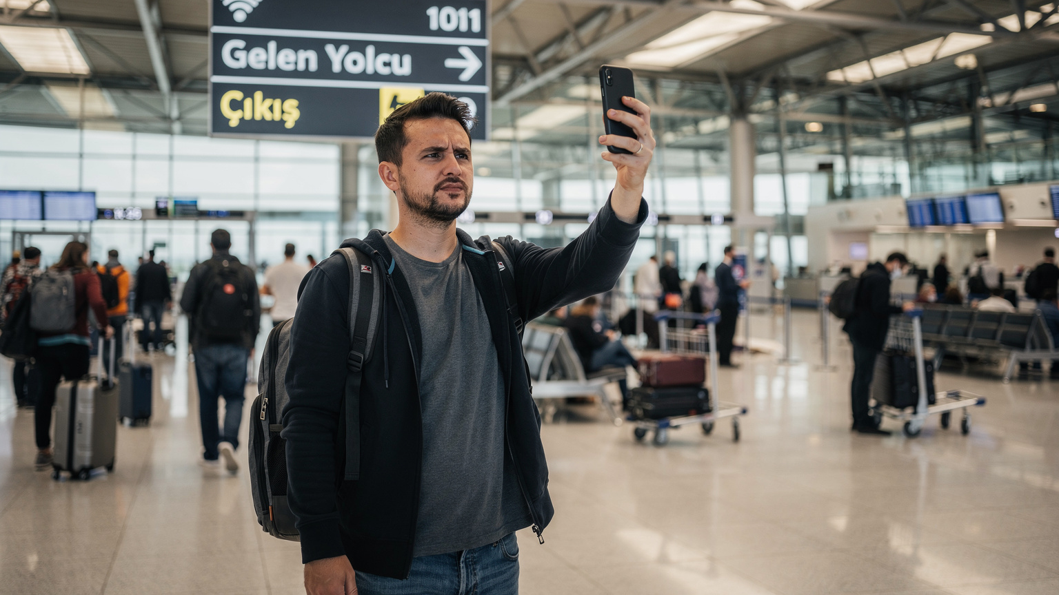 Ein Reisender, der gerade aus einem Flugzeug gestiegen ist, hält sein Smartphone hoch, um ein WLAN-Signal am belebten Ankunftsterminal des Istanbuler Flughafens zu suchen. Sein Gesichtsausdruck ist leicht frustriert.