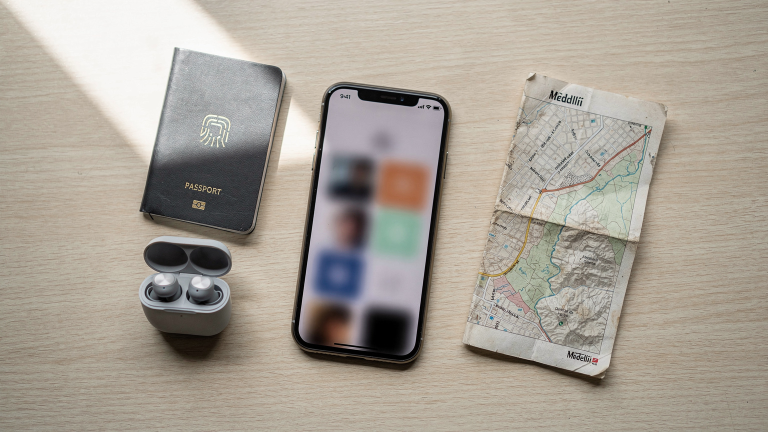 Ein Reisepass, ein Smartphone mit aktivierter eSIM-App, Kopfhörer und eine Karte von Medellín liegen auf einem Tisch, bereit für den produktiven Remote-Arbeitsalltag.