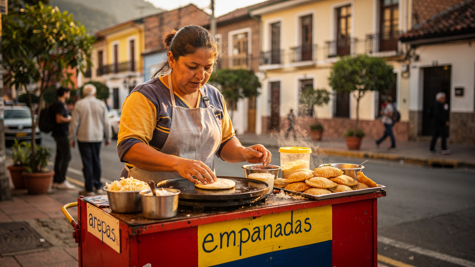 Ein typischer kolumbianischer Straßenverkäufer, der Arepas und Empanadas zubereitet, während im Hintergrund die geschäftige Straße von Laureles zu sehen ist.