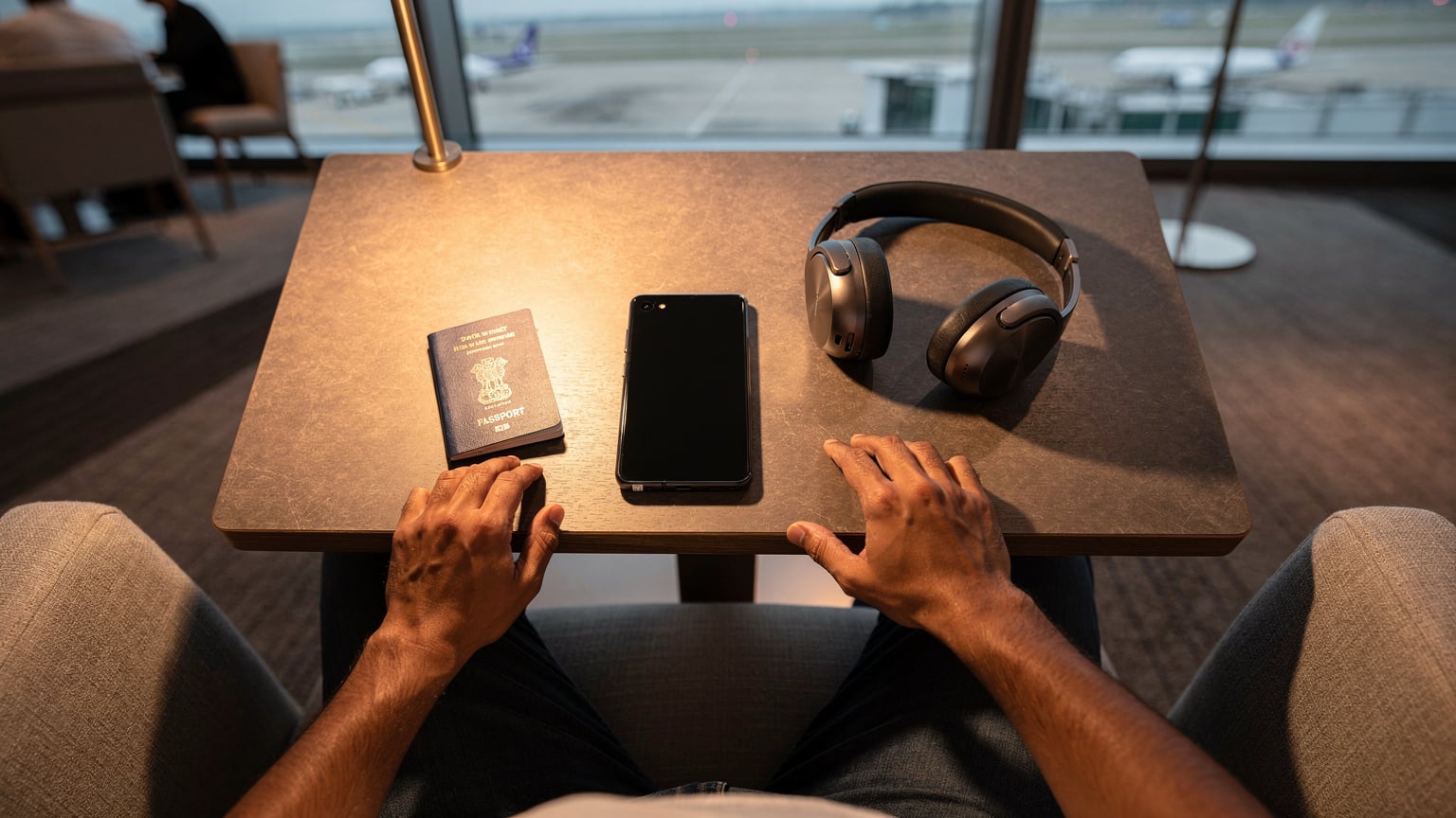 एक डिजिटल नोमैड अपने पासपोर्ट, Samsung Galaxy Z Fold 7 और हेडफ़ोन के साथ एक एयरपोर्ट लाउंज में बैठा है, अपनी अगली उड़ान की तैयारी कर रहा है।
