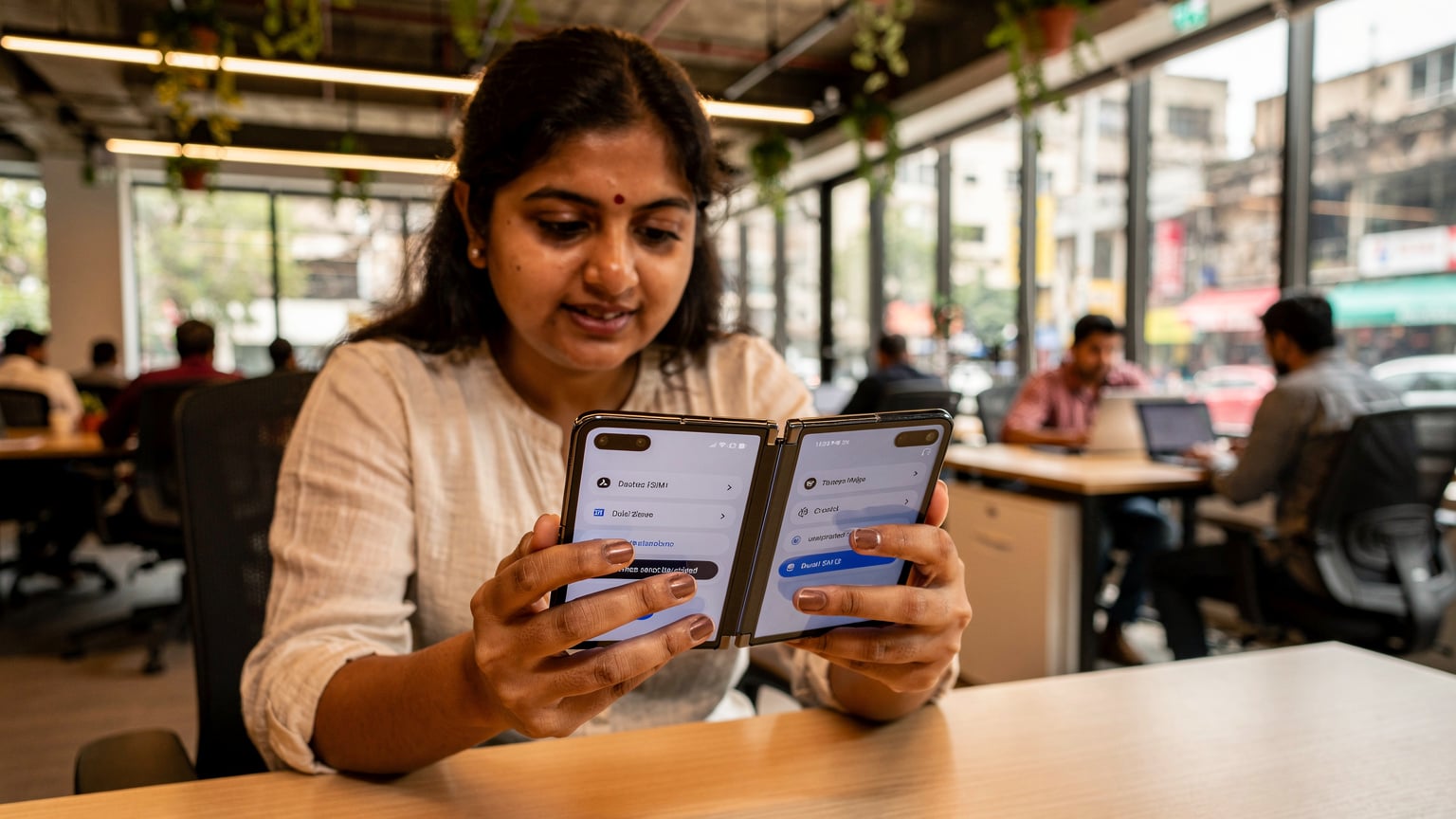 एक महिला अपने Samsung Galaxy Z Fold 7 पर SIM मैनेजर सेटिंग्स देख रही है, जिसमें ड्यूल-सिम कॉन्फ़िगरेशन दिख रहा है।