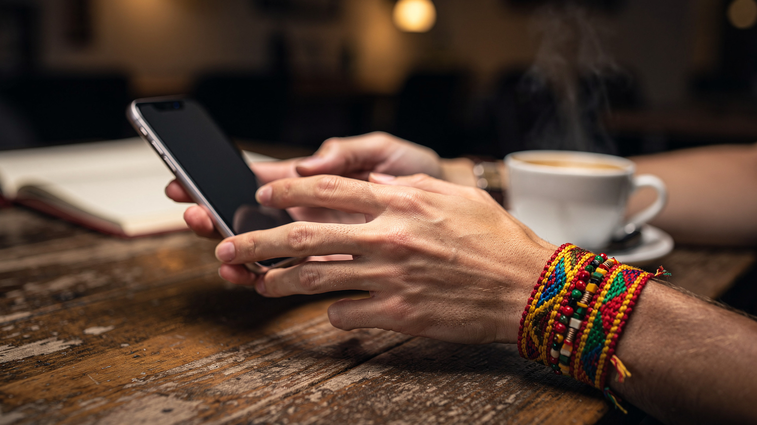 Mãos de uma pessoa com uma pulseira artesanal típica do Nordeste brasileiro, segurando um smartphone e deslizando o dedo na tela, em um café aconchegante em Praga, República Tcheca, com uma xícara de café e um notebook ao lado. A luz ambiente é suave.