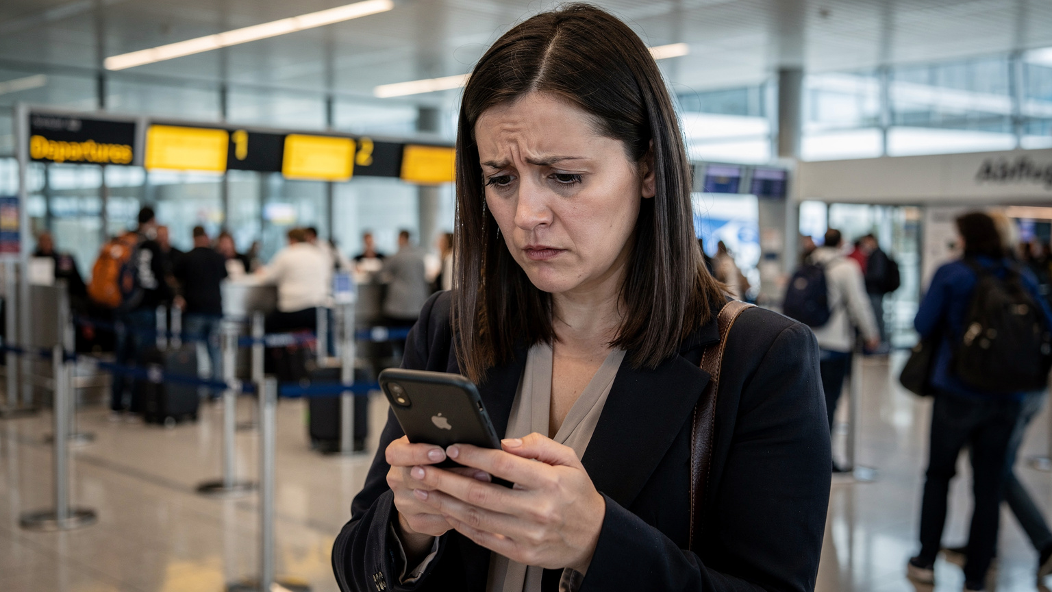 Uma mulher de 30 anos, com cabelos escuros, parada em um balcão de check-in de aeroporto lotado em Frankfurt, Alemanha, olhando com uma expressão de preocupação para o celular sem sinal, enquanto outros passageiros passam apressados ao fundo.