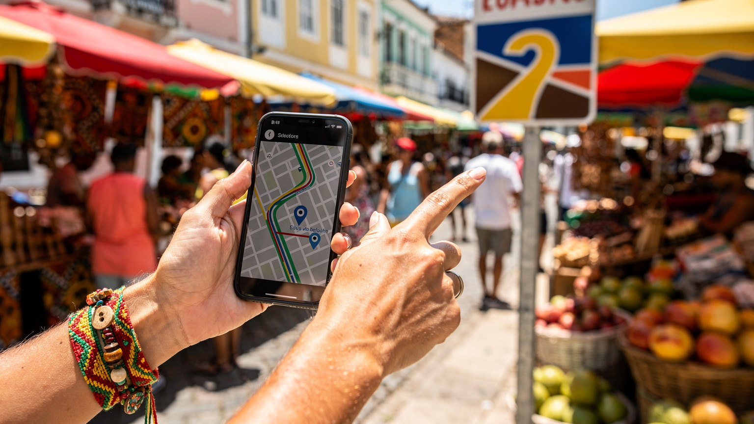 Mãos de uma mulher com uma pulseira artesanal, segurando um celular mostrando um aplicativo de transporte, enquanto aponta para uma placa de rua em um mercado vibrante de Salvador, Bahia, com barracas coloridas e pessoas movimentadas ao fundo.