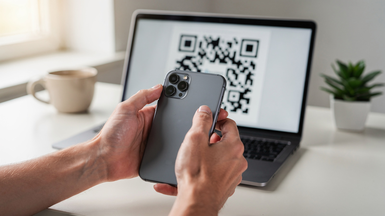 Close-up van handen die een QR-code van een computerscherm scannen met een smartphone, waarbij de focus ligt op de interactie tussen de telefoon en het scherm, met een vaag kantoorinterieur op de achtergrond.