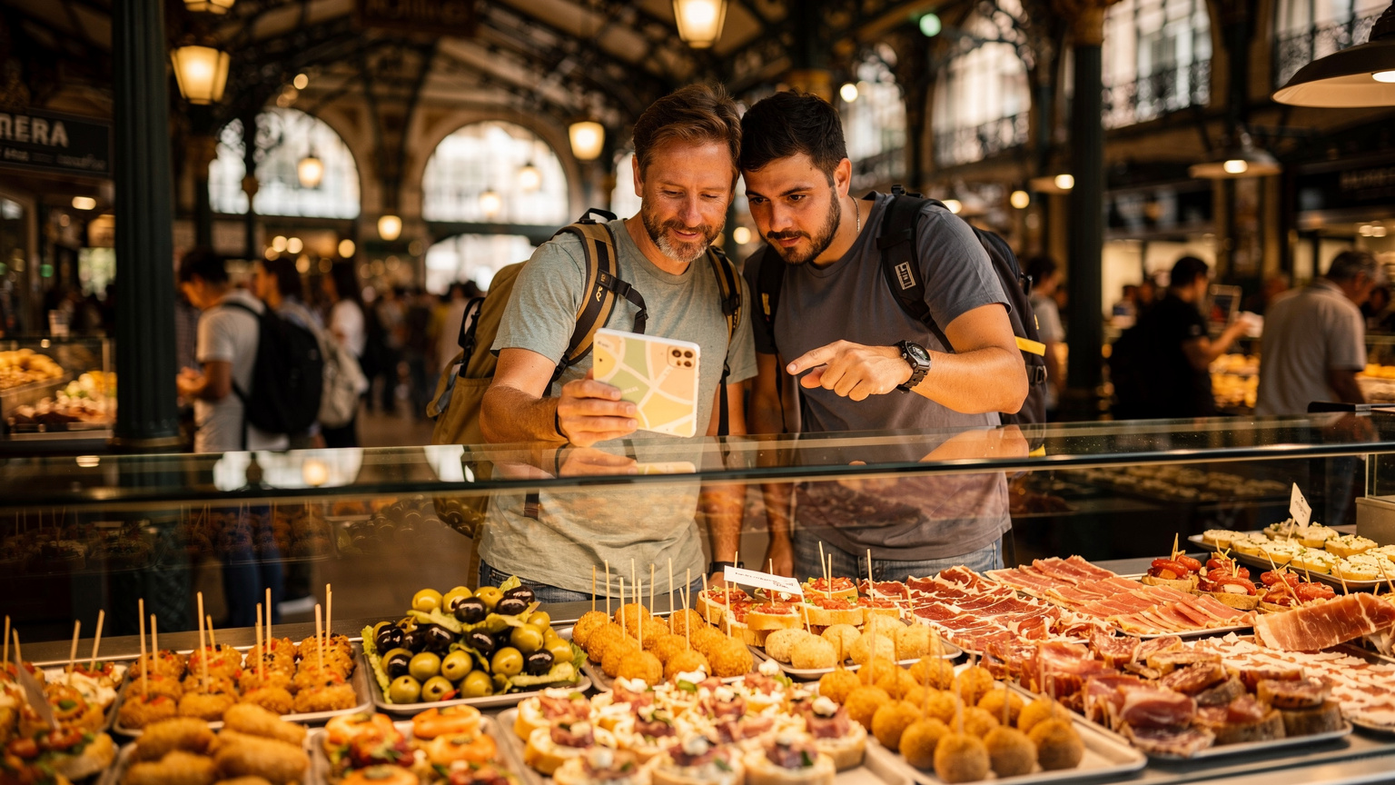 Madrid'deki Mercado de San Miguel'de tapas tezgahlarının önünde, telefon ekranına yansıyan bir haritayı kontrol eden bir çift, yerel lezzetlerin ve kalabalığın ortasında.