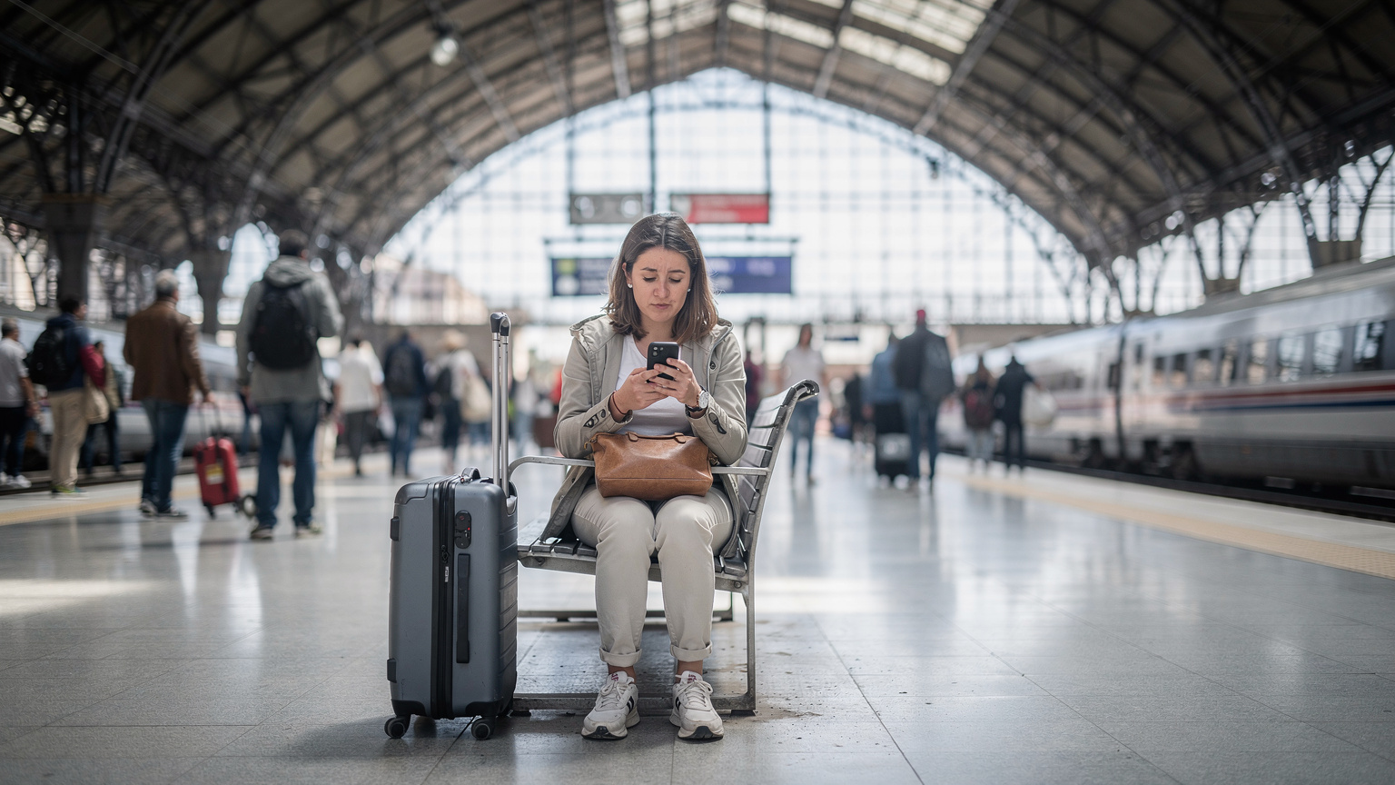 Madrid Atocha Tren İstasyonu'nda, kalabalık bir peronda bavulunun yanında oturmuş, akıllı telefonunda bir sorunla karşılaşmış gibi görünen, hafif endişeli bir gezgin.