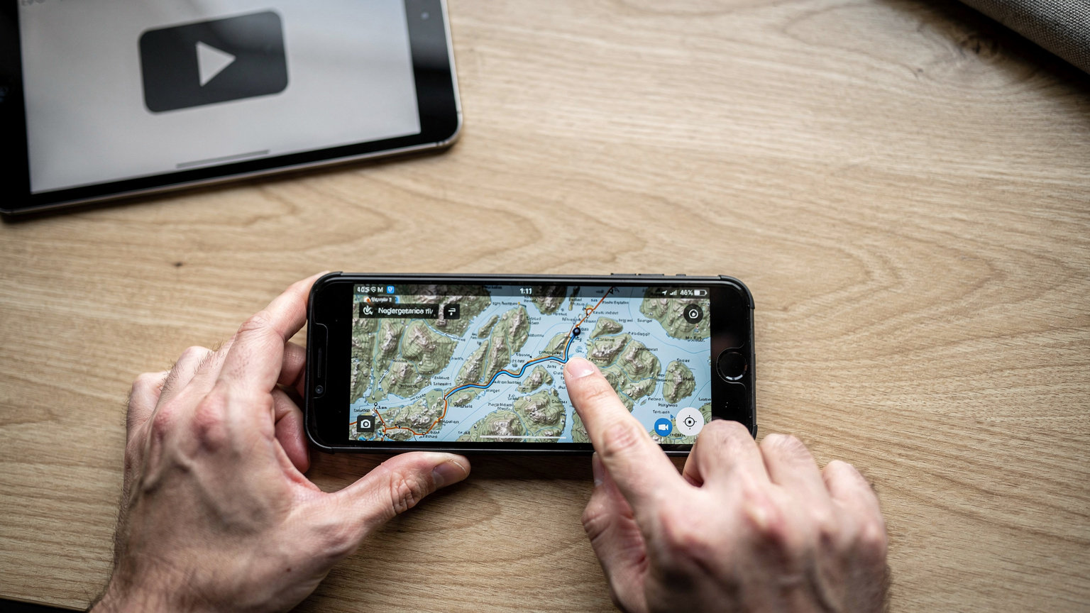 En tæt indstilling af en mobiltelefon, der viser et downloadet offline kort over et nordisk område med en finger, der peger på en planlagt rute, og en tablet med et filmikon synlig i baggrunden.