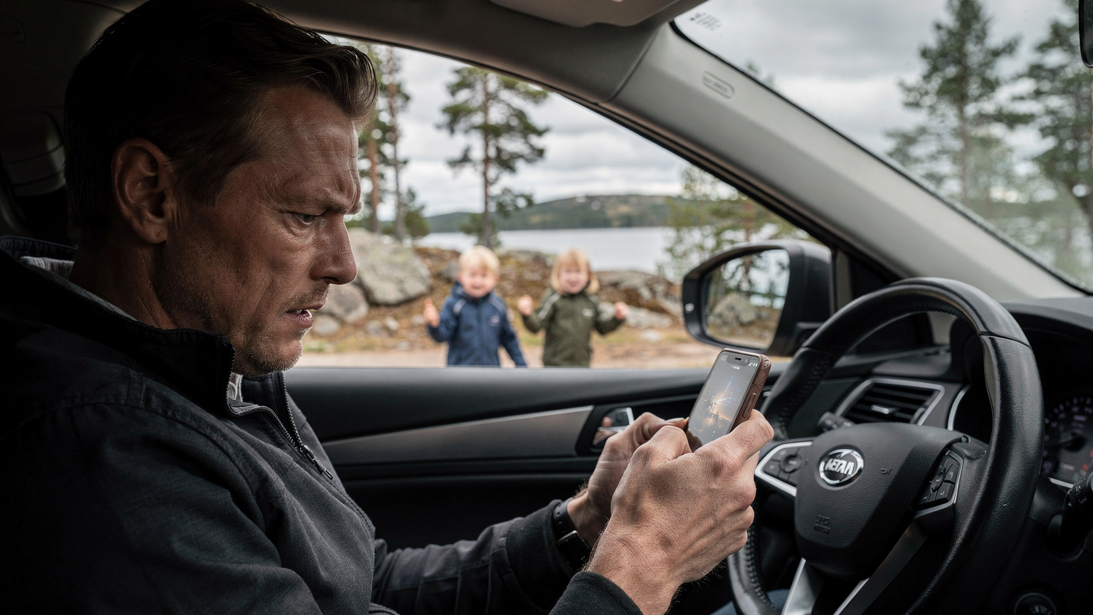 En forælder stirrer bekymret på sin mobiltelefons skærm, der viser en høj roamingregning, mens en bilpakke står i baggrunden, og børnene leger uvidende.