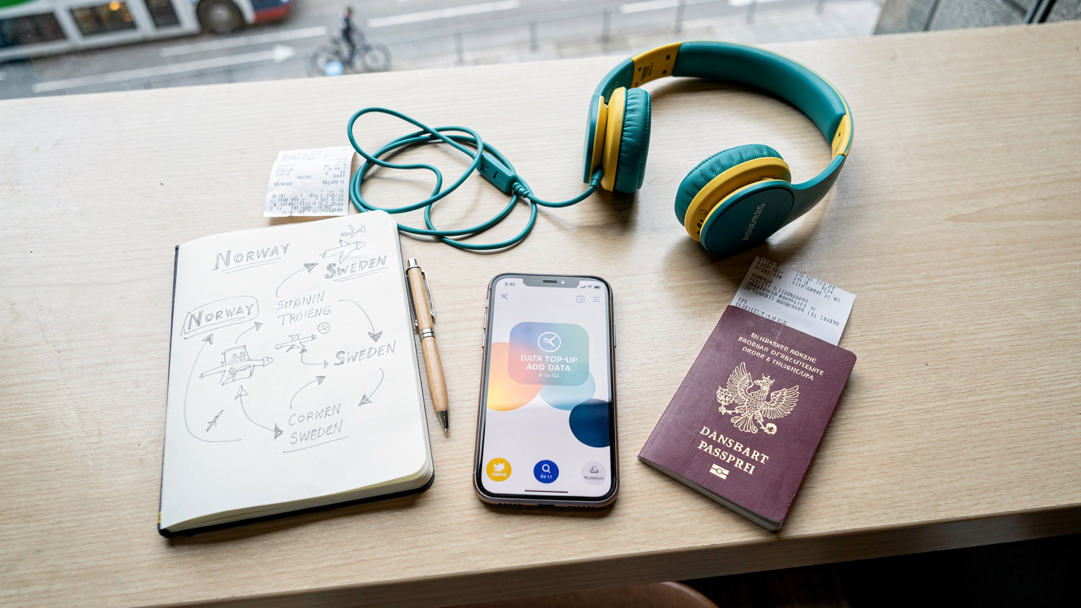 Et editorialt flat-lay af en åben notesbog med en rejseplan, en smartphone, der viser en eSIM-app med en 'top-up' mulighed, et pas, og et par børnehøretelefoner på et cafébord i Oslo.