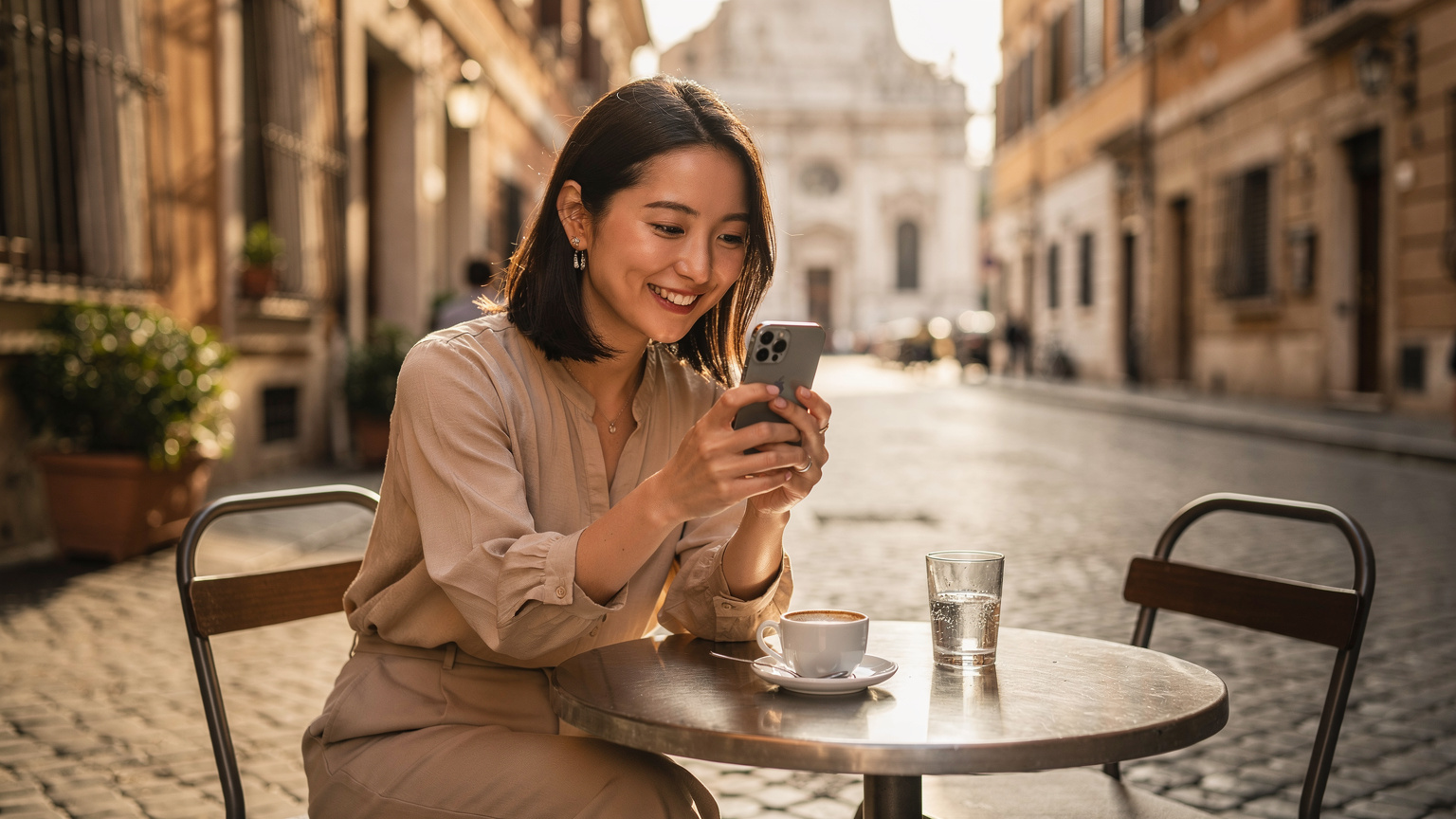 ローマの歴史的な街並みを背景に、カフェのテラス席でiPhone 17を使ってビデオ通話をしている女性。VoWiFiを有効活用している様子。