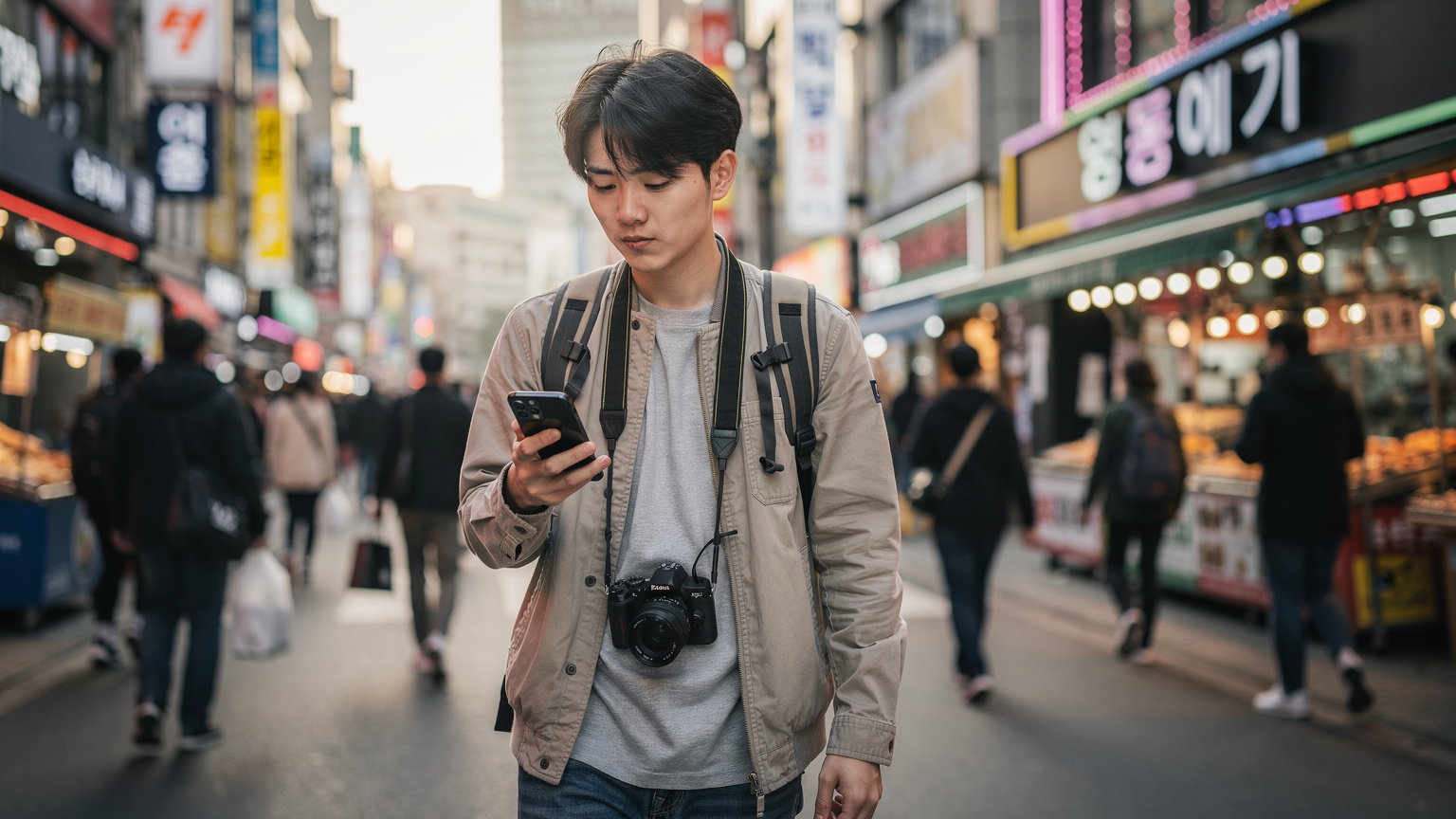 ソウルの明洞で、iPhone 17の通信状況を確認しながら街を歩く旅行者。5Gのn78バンドを意識した設定中。