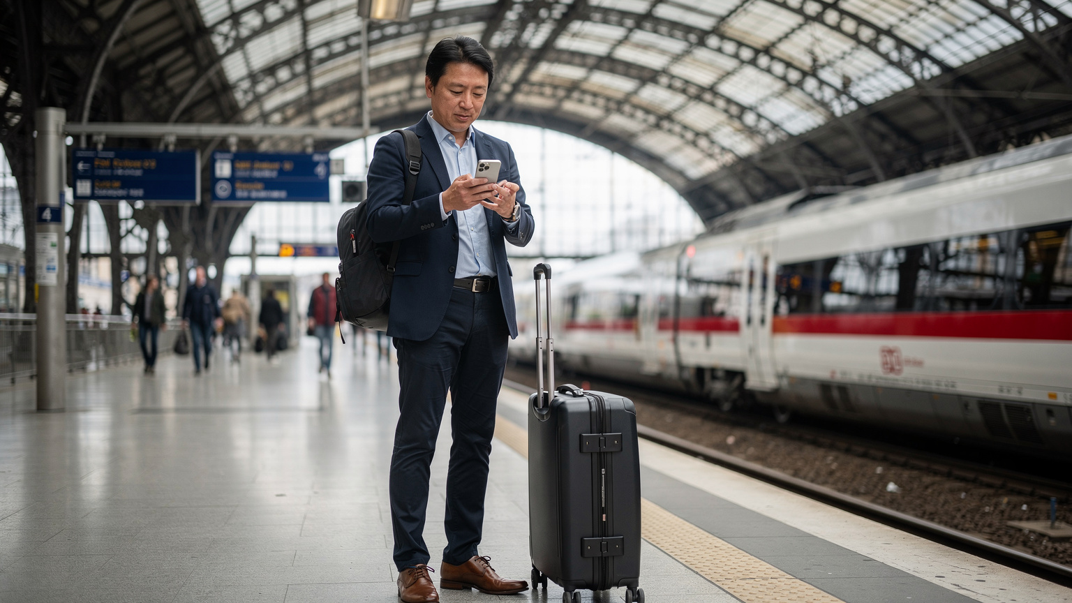 ドイツのフランクフルト中央駅のホームで、ビジネスパーソンがiPhone 17でメールをチェックしている。列車を待つ間に、CellesimのeSIMで安定したモバイル通信を利用している様子。