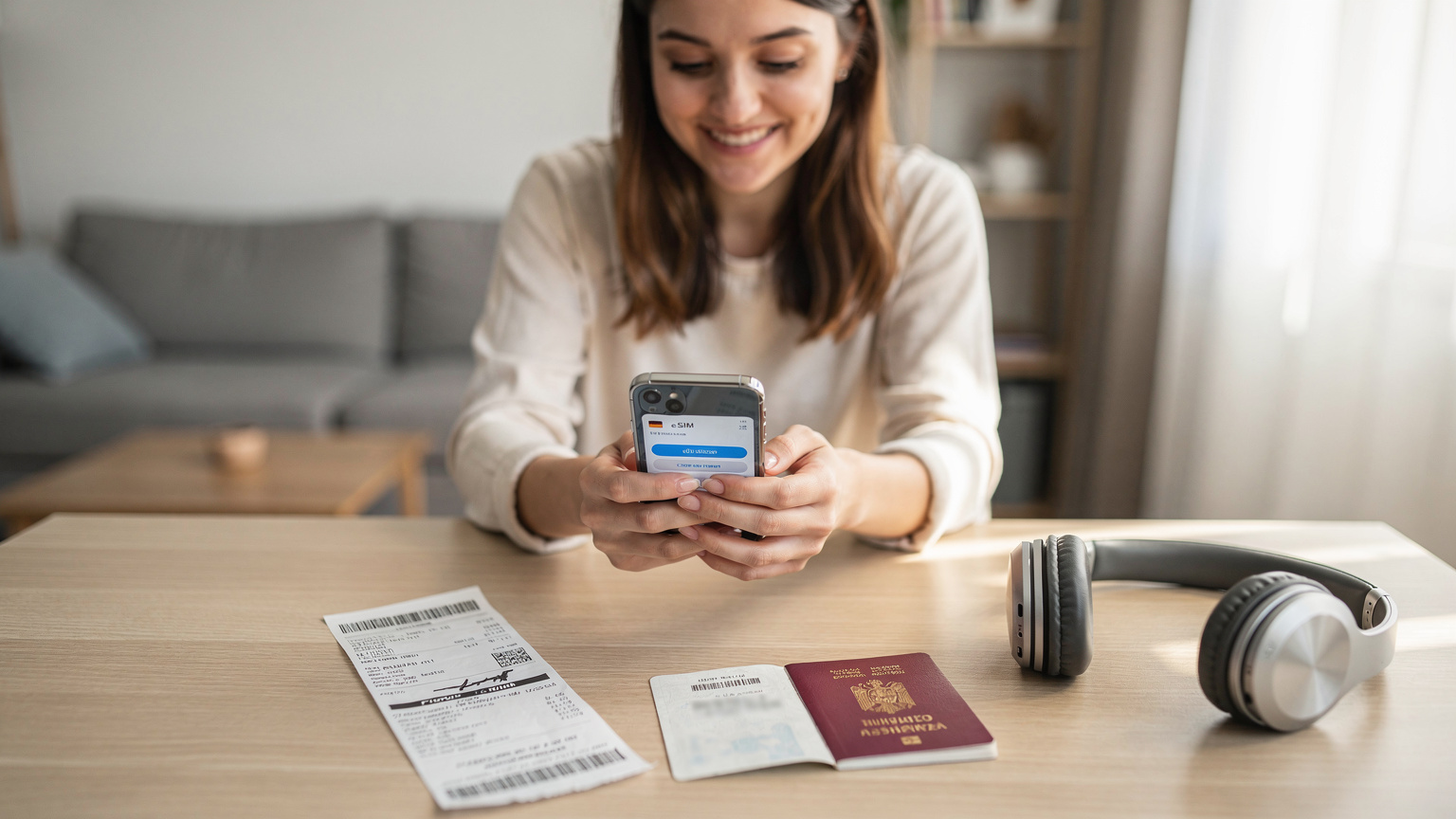 O tânără zâmbește în timp ce verifică un eSIM pe telefonul ei, cu un bilet de avion low-cost și un pașaport deschis pe masă, înainte de plecare.