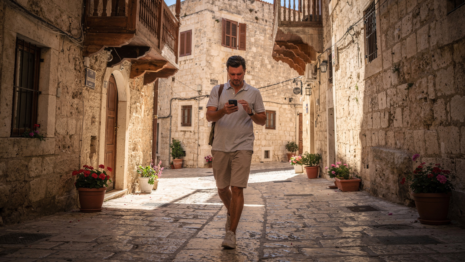 Un călător folosește o hartă digitală pe telefonul său, navigând pe străzile înguste și pietruite ale unui oraș vechi din Rodos, Grecia.