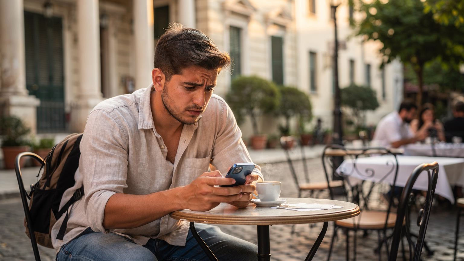 Un călător tânăr stă la o masă de cafenea în fața unei clădiri istorice din centrul vechi al Atenei, Grecia, privind cu o oarecare frustrare ecranul telefonului său, care afișează o eroare de conectare.