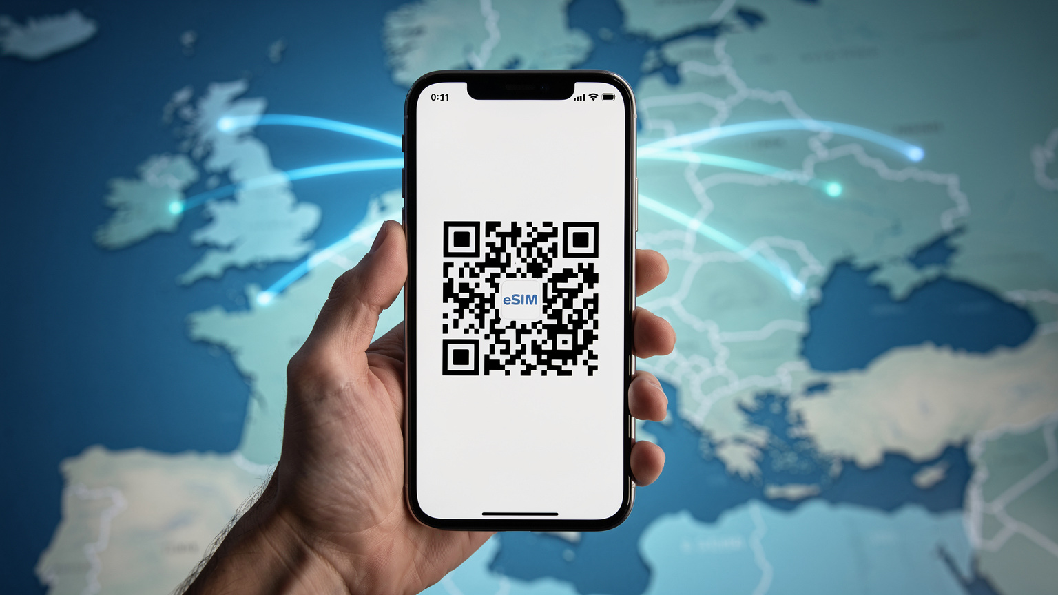 O ilustrație clară a unui smartphone care afișează un cod QR pentru activarea eSIM, suprapusă peste o hartă stilizată a Europei, indicând conectivitatea globală.