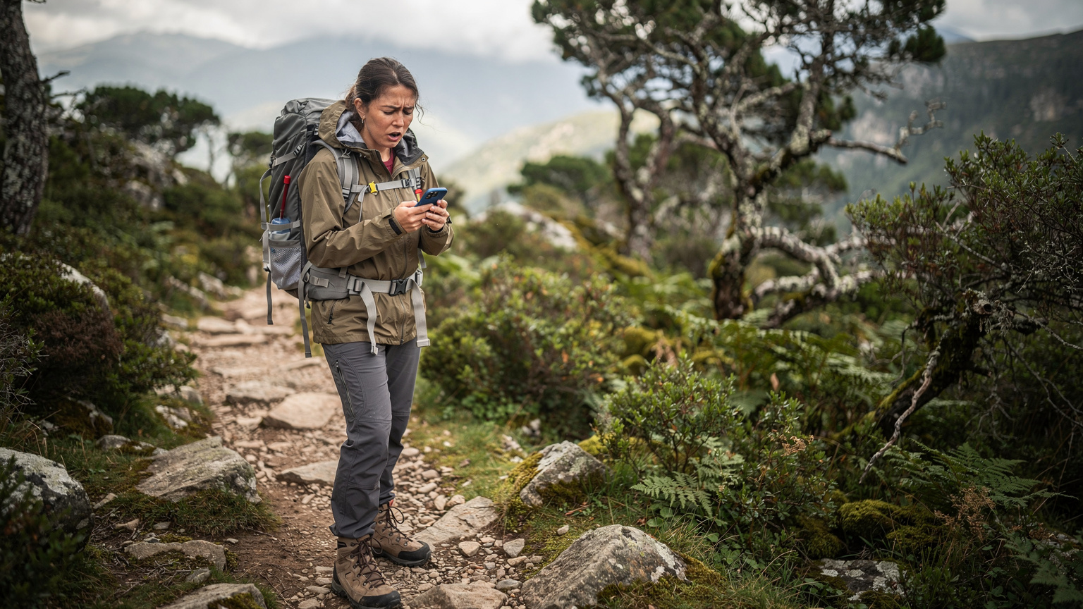 Uma mulher desorientada, com uma mochila, olha para o mapa no seu smartphone enquanto tenta encontrar o caminho num trilho rochoso do Gerês, com montanhas e densa vegetação ao fundo, sob um céu ligeiramente nublado.