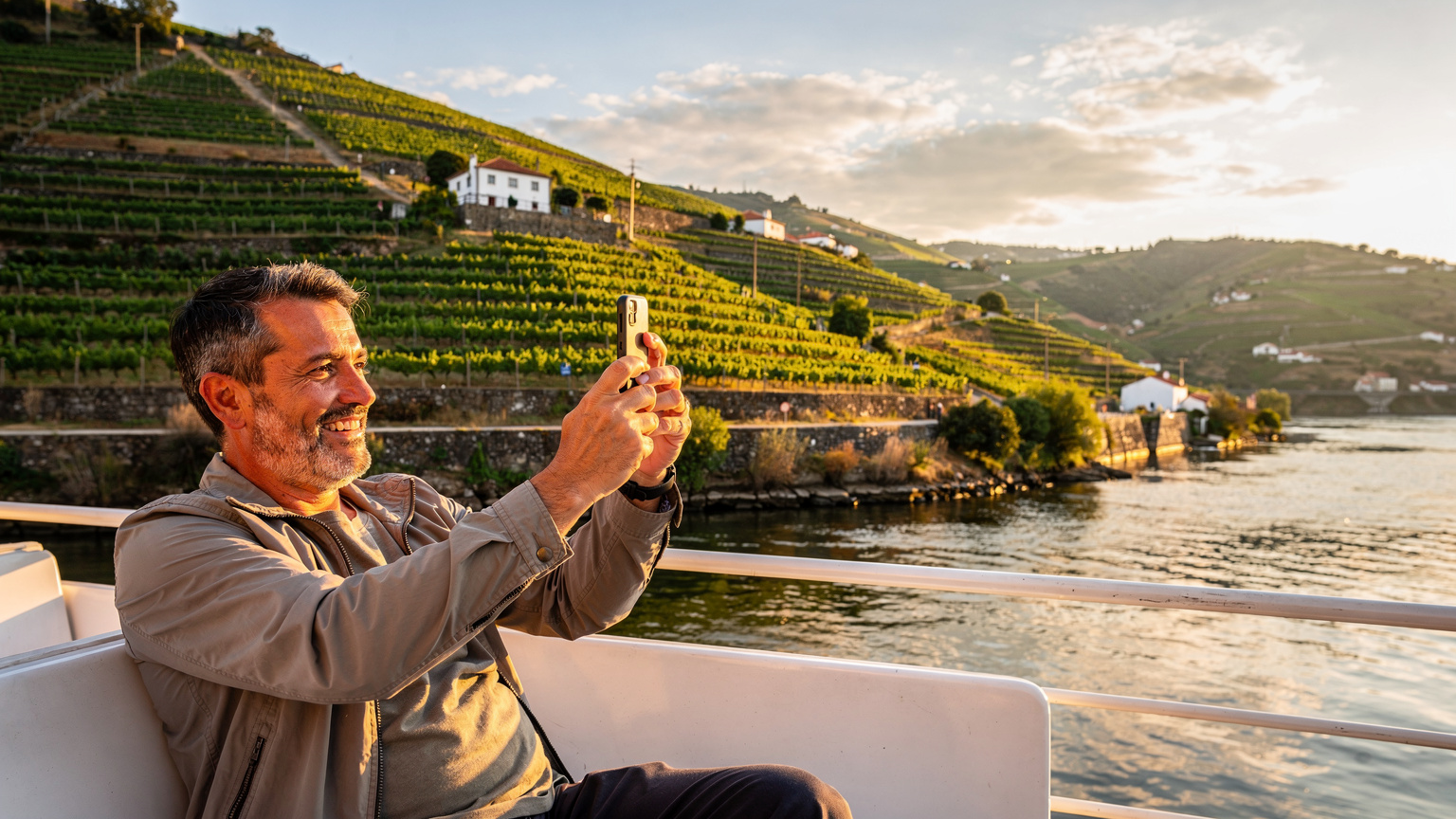 Um homem está num barco turístico no rio Douro, com as vinhas em socalcos ao fundo, e está a tirar uma fotografia da paisagem com o seu smartphone, parecendo satisfeito com a conectividade para partilhar o momento.