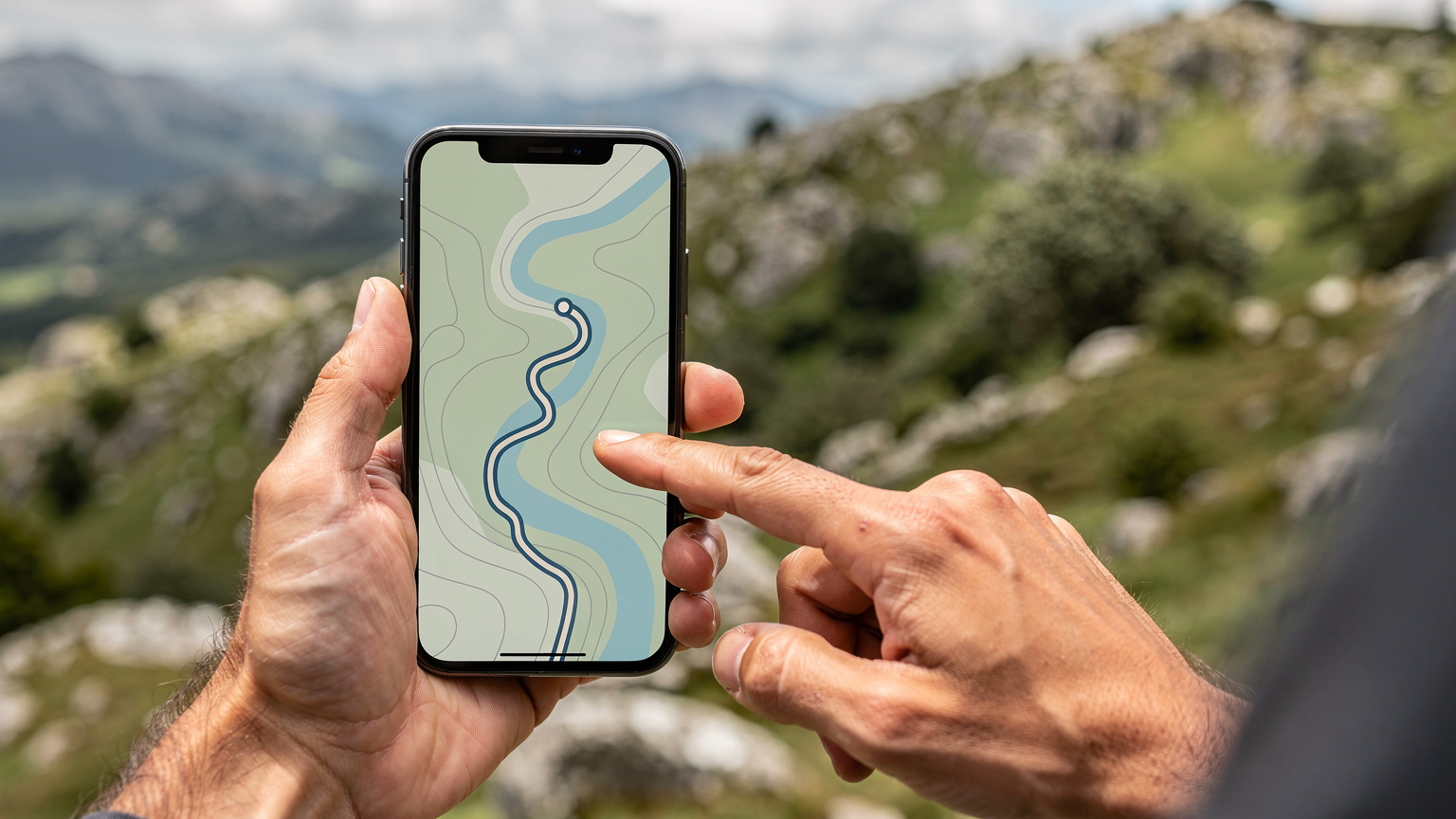 As mãos de um viajante seguram um smartphone, com o ecrã a mostrar uma aplicação de mapas com um trilho no Parque Nacional da Peneda-Gerês, enquanto a outra mão aponta para uma direção, sugerindo navegação.