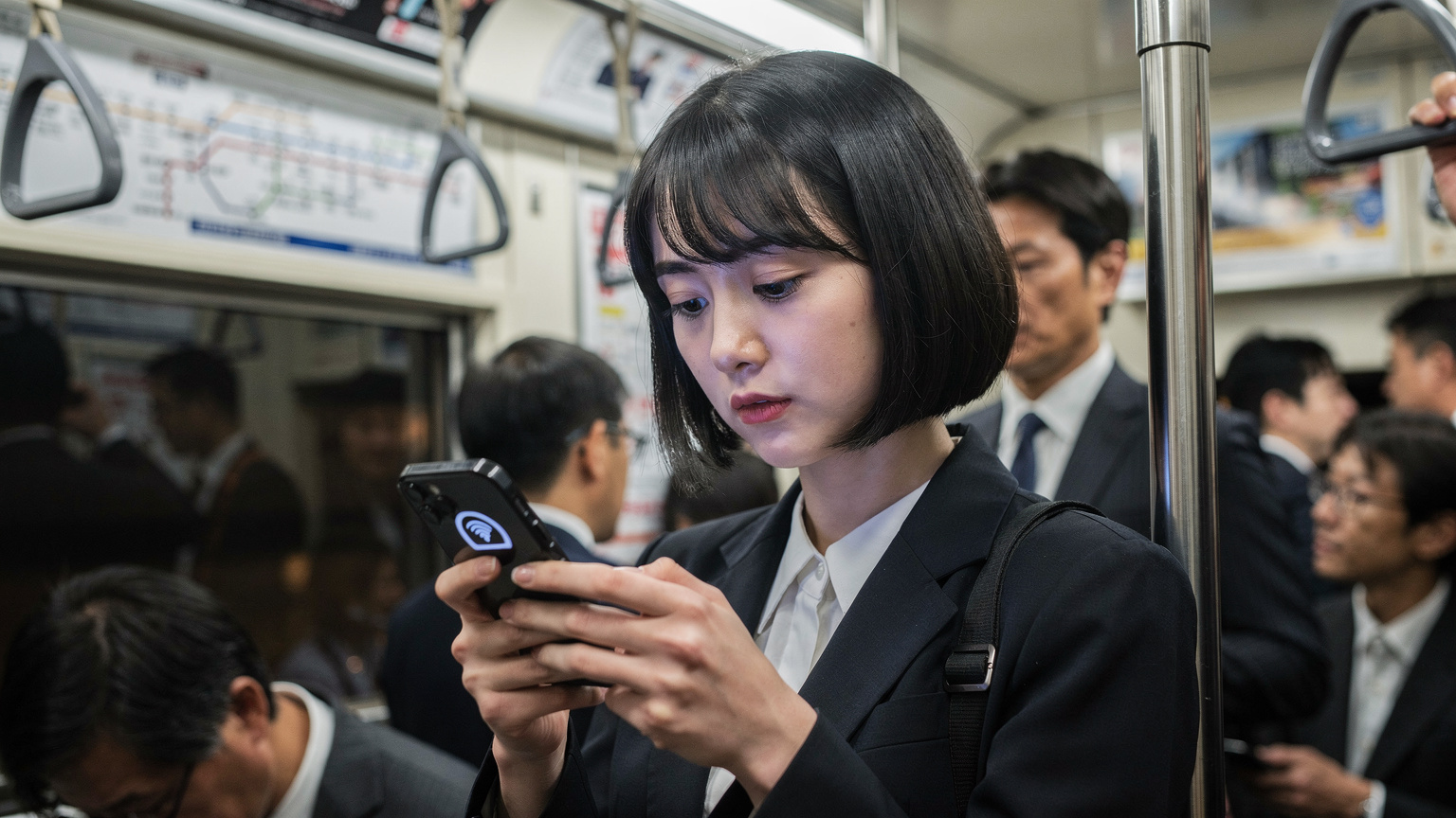 一位旅客在東京地鐵丸之內線的車廂內,手機屏幕上顯示「無服務」的提示,眉頭微蹙,顯出焦慮的神情。