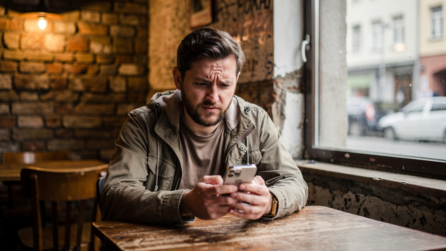 Ein Reisender sitzt in einem kleinen, lokalen Restaurant in Neukölln, Berlin, mit seinem Smartphone in der Hand und schaut besorgt auf den Bildschirm, da seine Internetverbindung nicht funktioniert.