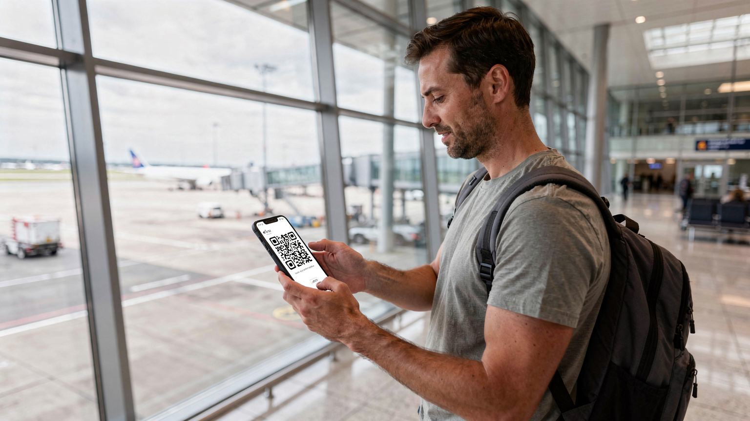 Ein Reisender am Flughafen Berlin Brandenburg (BER) scannt mit seinem Smartphone einen QR-Code zur Aktivierung seiner eSIM, während er auf den Abflug wartet.