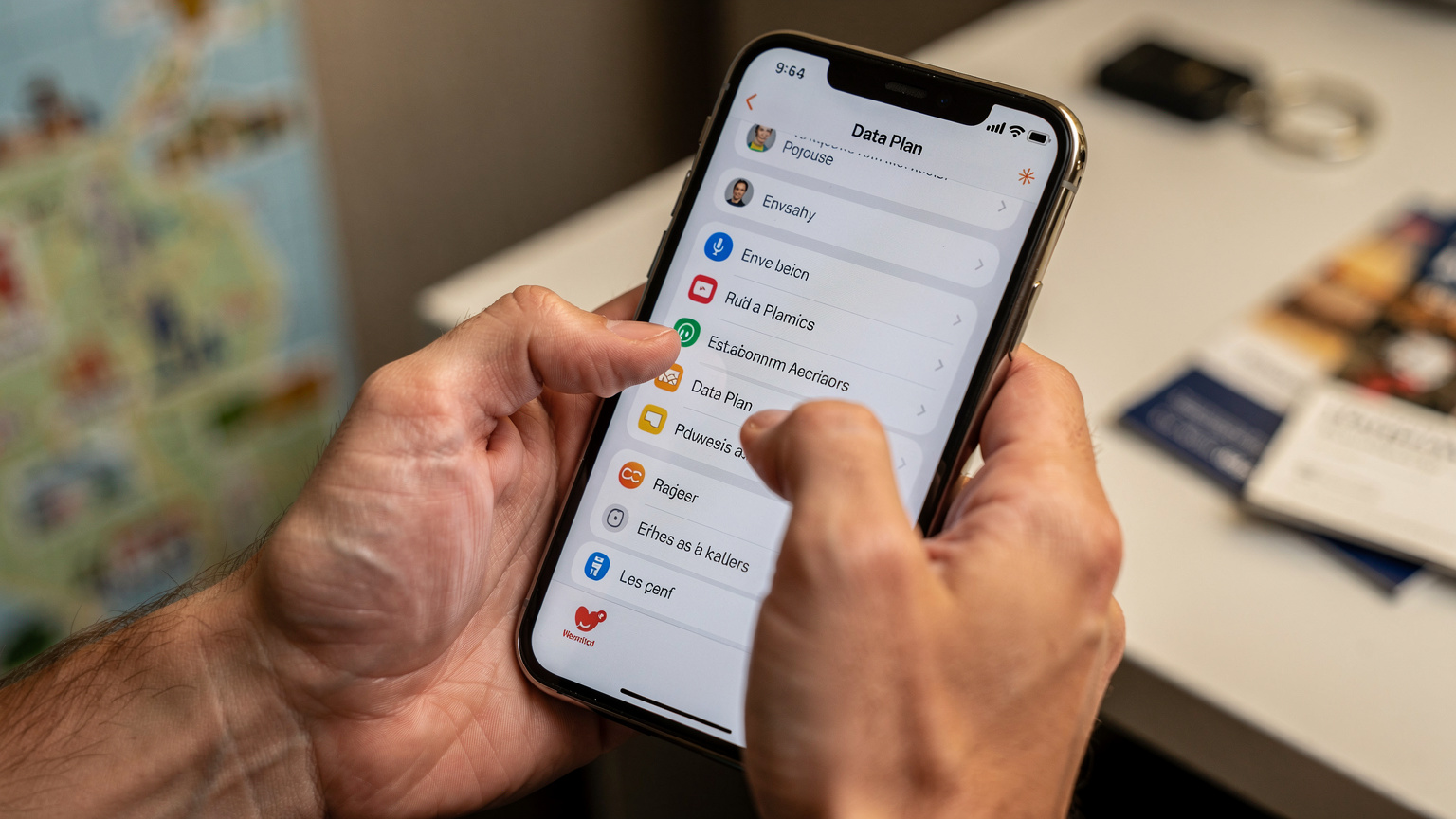 Manos de un viajero sosteniendo un iPhone mientras busca la opción de "Añadir plan de datos" en la configuración, con un mapa turístico ligeramente visible en el fondo.
