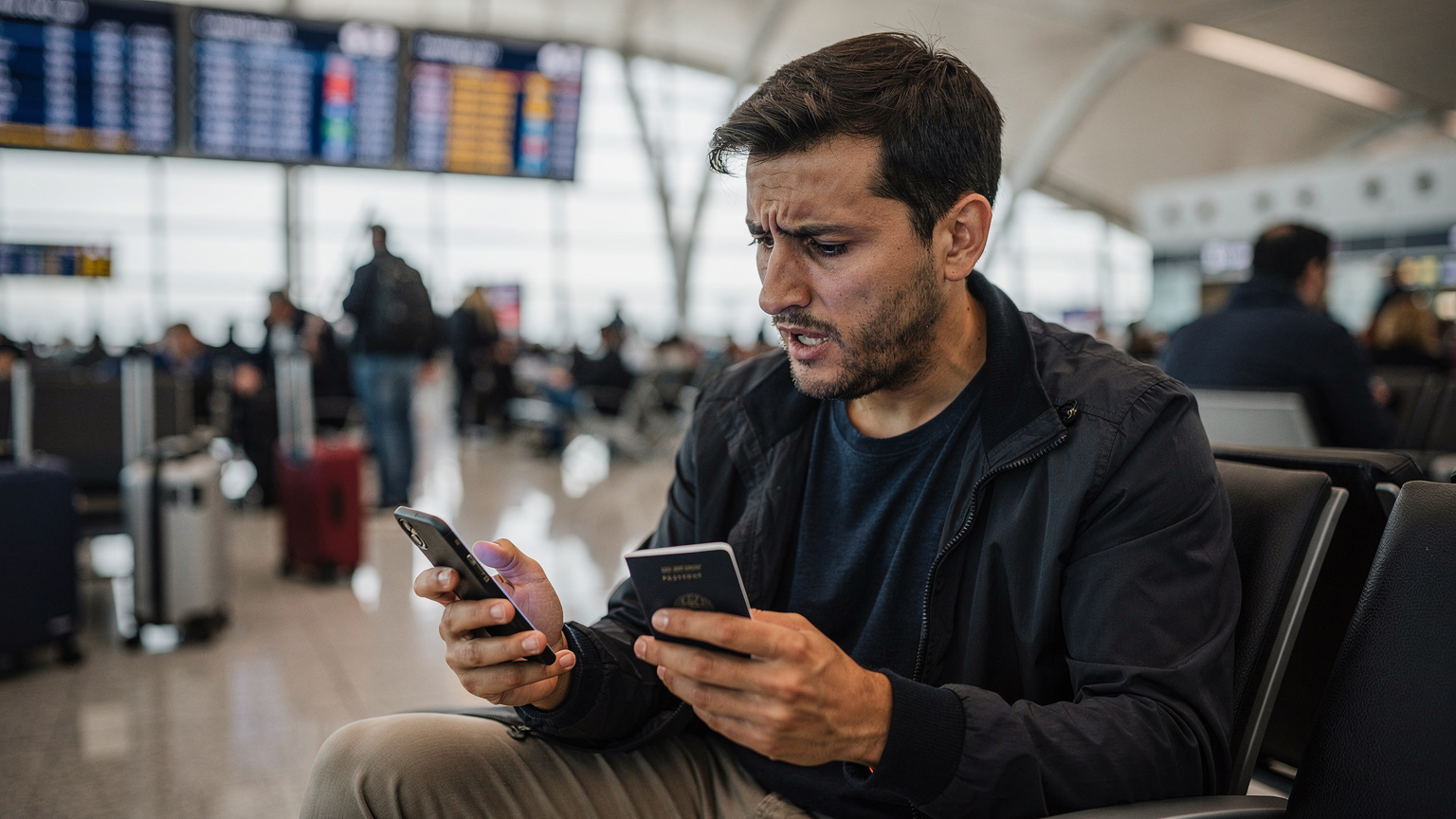 Un viajero frustrado mirando la pantalla de su teléfono con un mensaje de error, sentado en un aeropuerto concurrido, ilustrando un problema de conectividad.