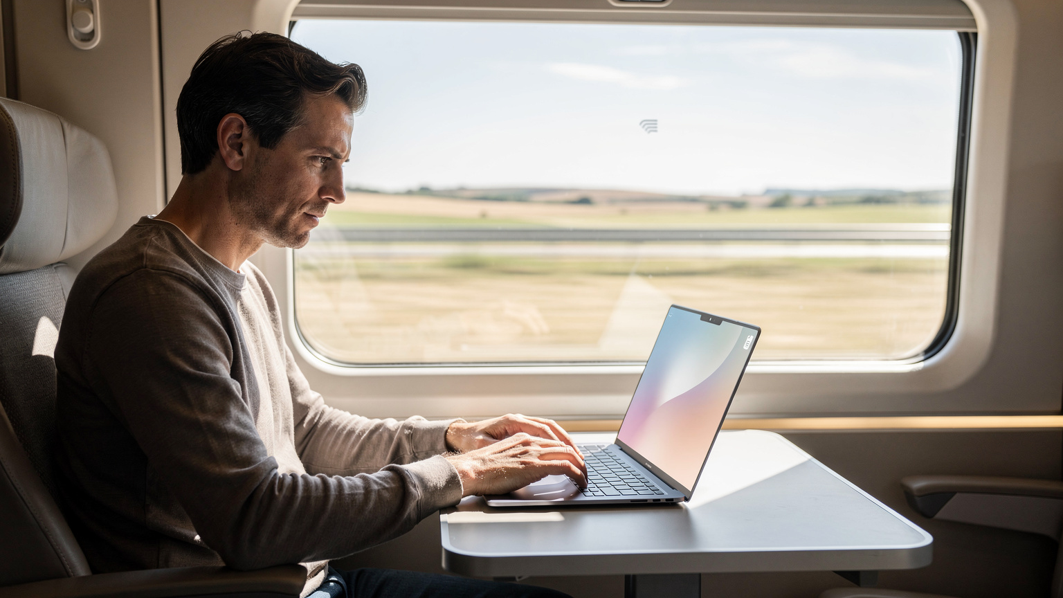 Un nómada digital trabajando en un laptop con conectividad eSIM, sentado en un tren de alta velocidad, mostrando la libertad de trabajar desde cualquier lugar.