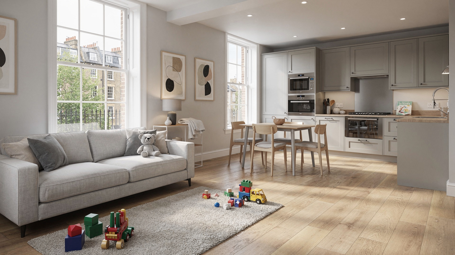 Un appartement familial moderne et lumineux à Londres, avec un salon confortable et une cuisine ouverte, des jouets d'enfants visibles dans un coin.
