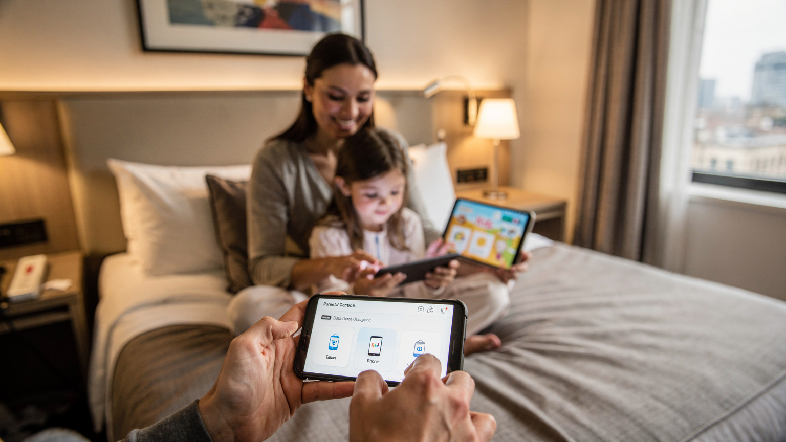 Une mère souriante regardant sa fille qui tient une tablette, le téléphone de la mère affichant un écran de contrôle parental avec les données d'utilisation.