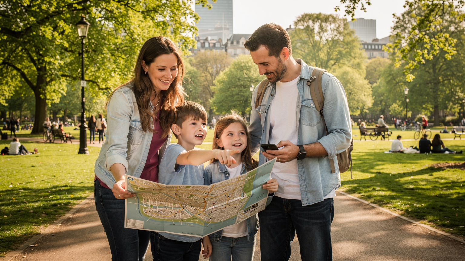 Une famille en train de regarder une carte dans un parc animé de Londres, un enfant pointant du doigt une direction tandis que le parent consulte son téléphone.